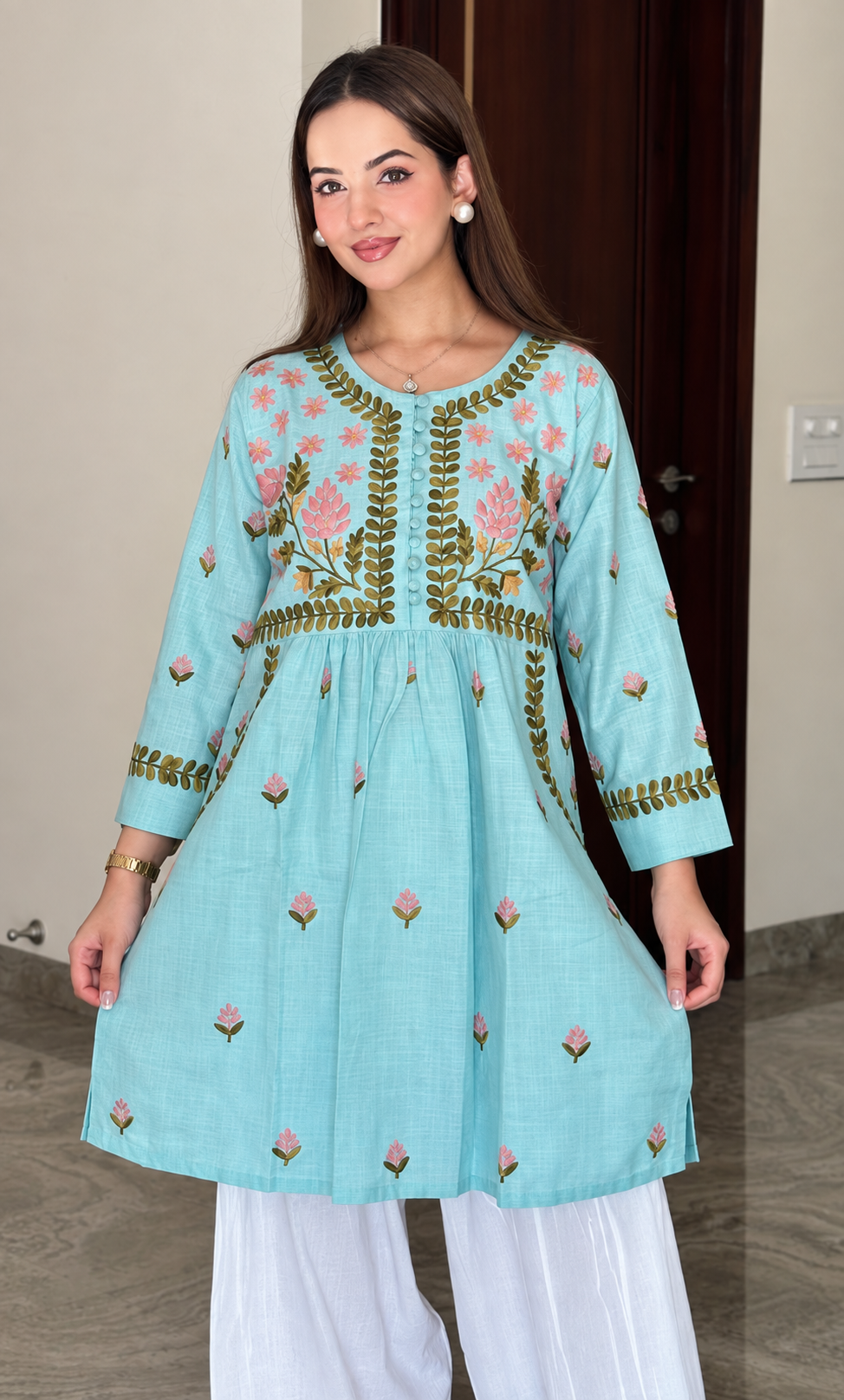 Bhavya in Kashmiri Short Kurta Round Neck - Sky Blue