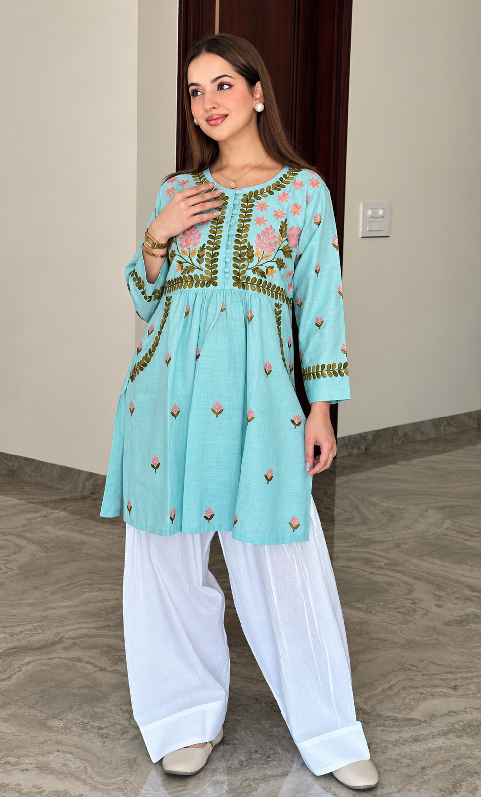 Bhavya in Kashmiri Short Kurta Round Neck - Sky Blue