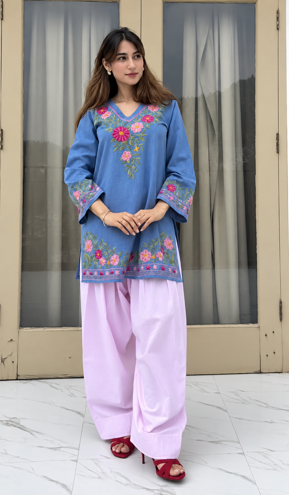 Juhee singh In Kashmiri Aari Denim Short Kurta V-Neck - Blue