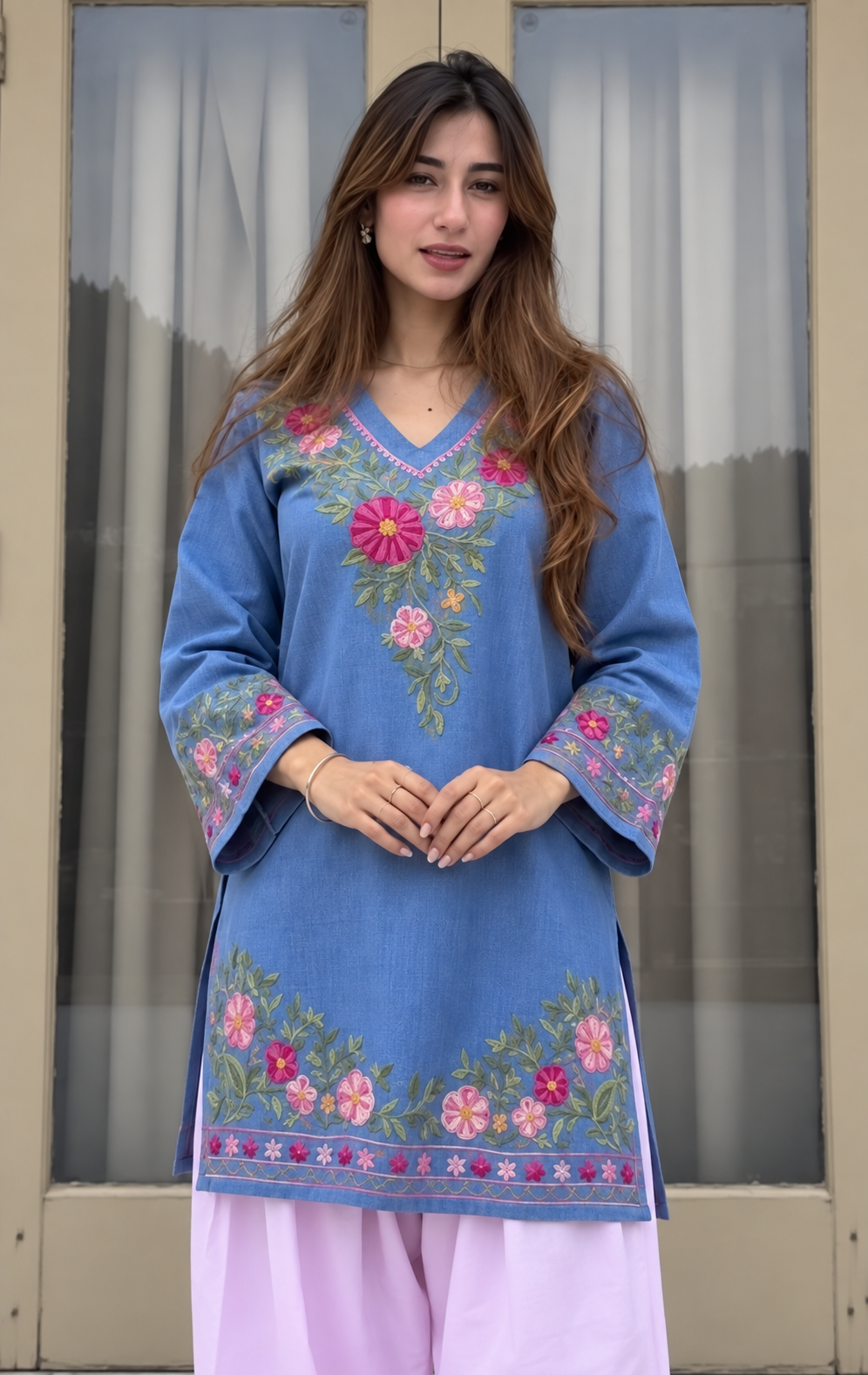 Juhee singh In Kashmiri Aari Denim Short Kurta V-Neck - Blue