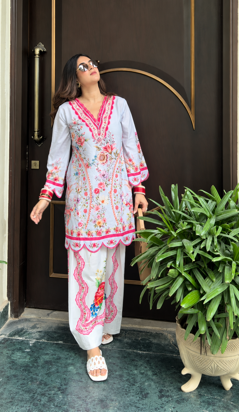 Komal In Lawn Cotton Printed Co-ord set - Light Blue and White