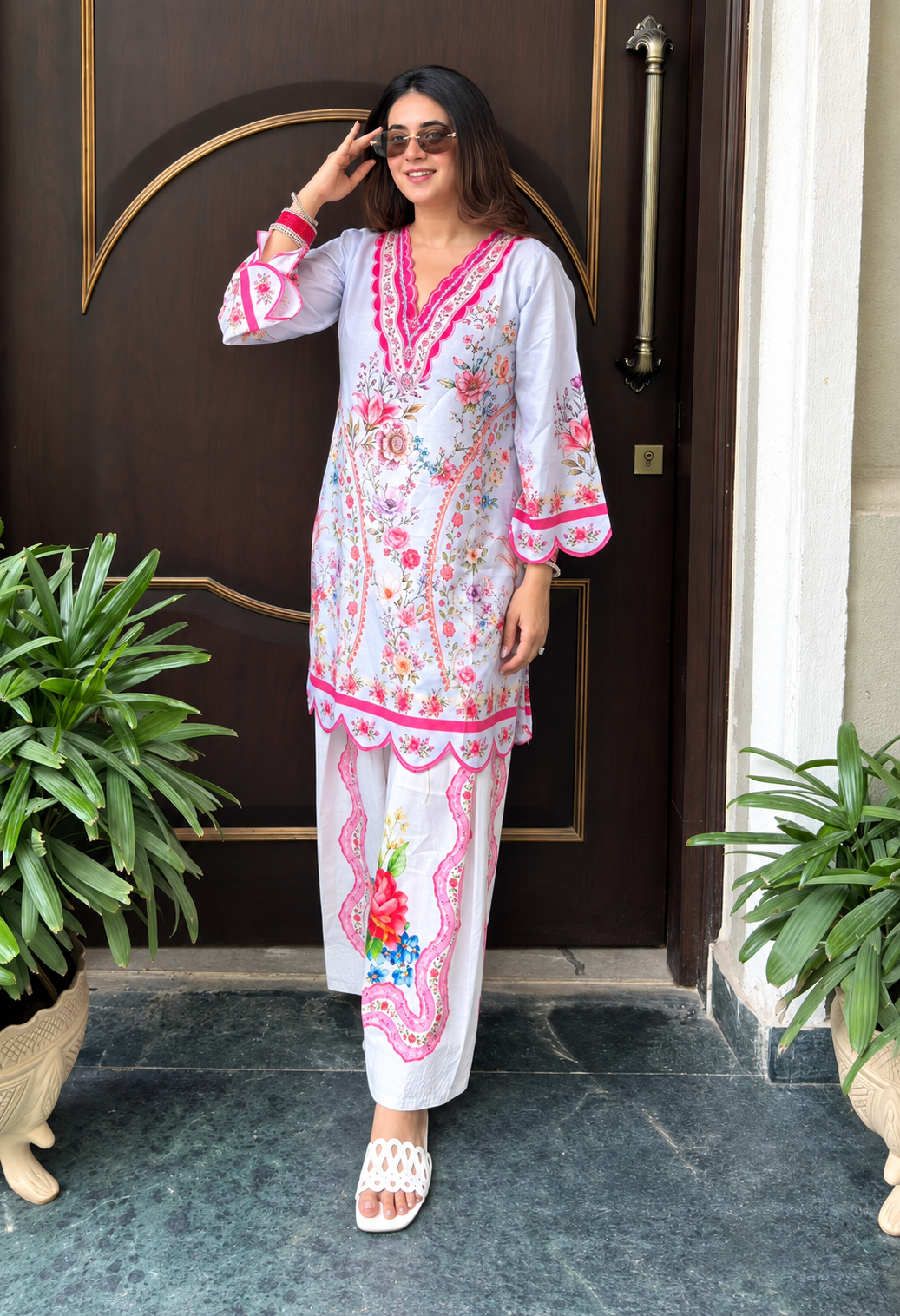 Komal In Lawn Cotton Printed Co-ord set - Light Blue and White