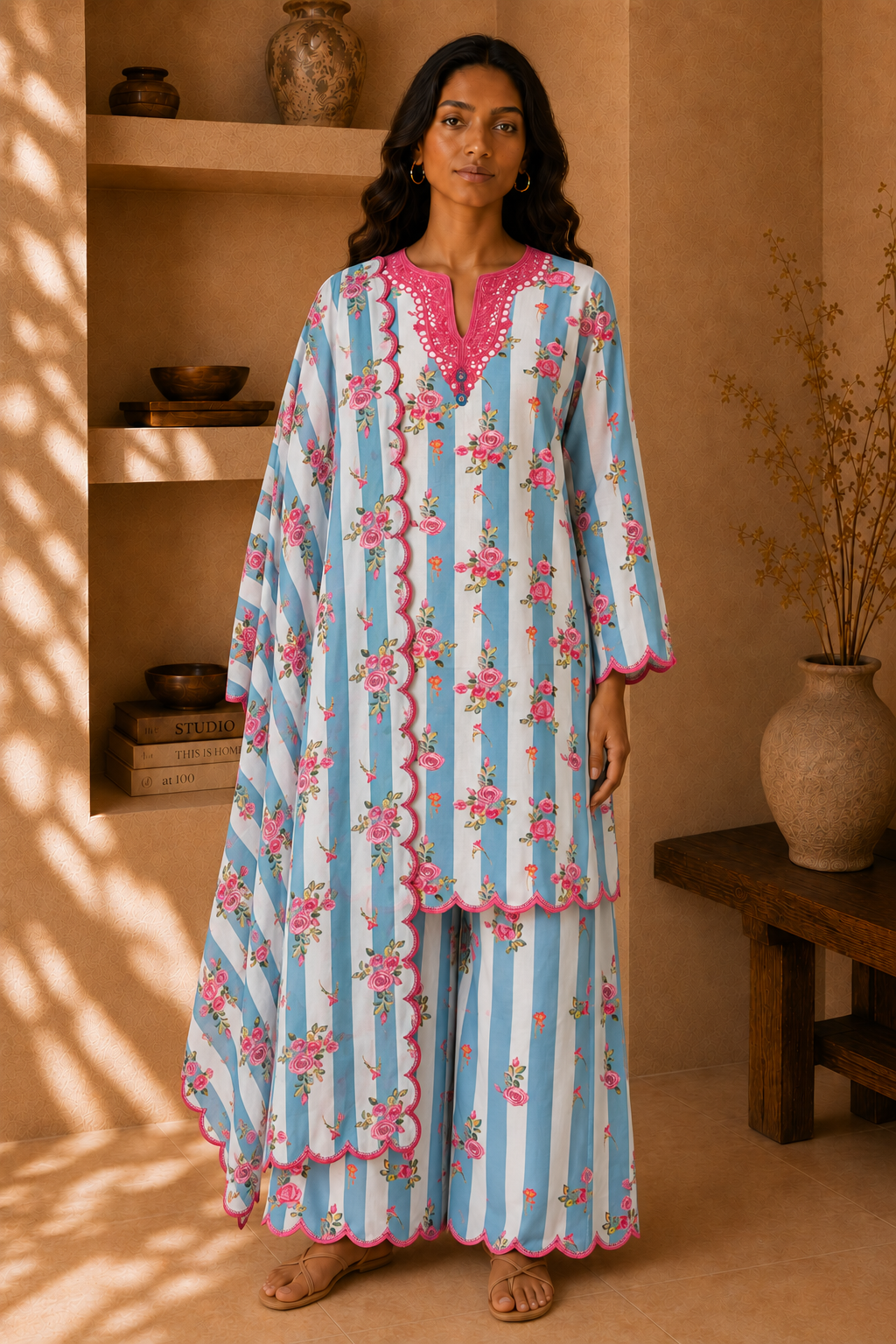 Lawn Cotton Printed Co-ord set - Blue and White