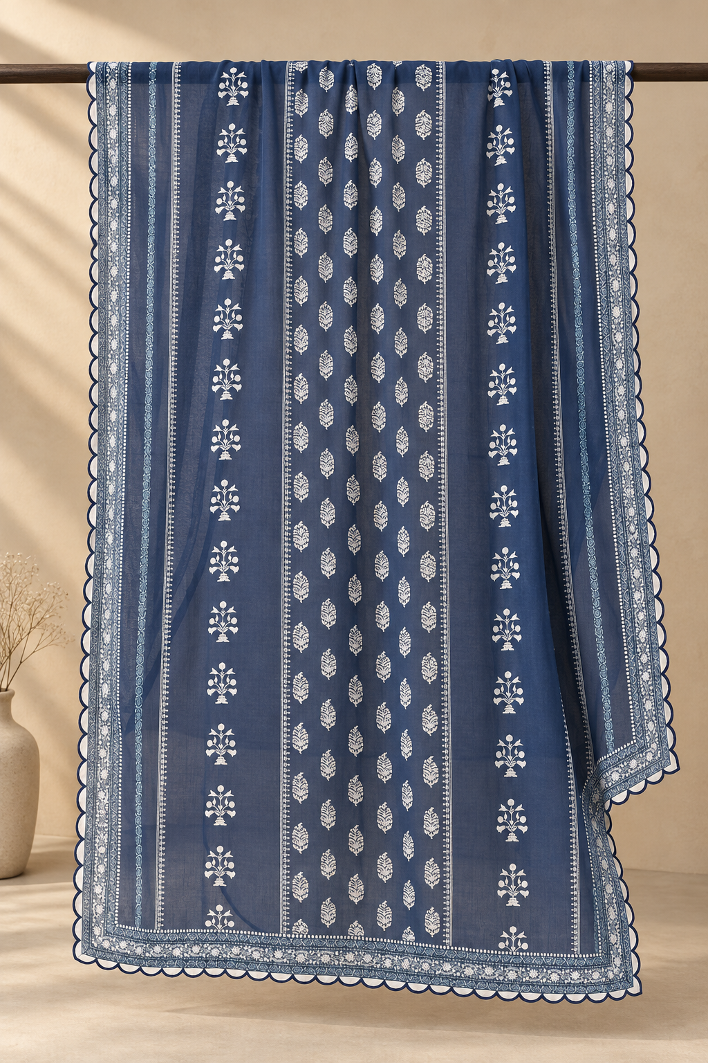 Arpita in Lawn Cotton Printkari Co-ord Set - Navy Blue & White With Straight pant