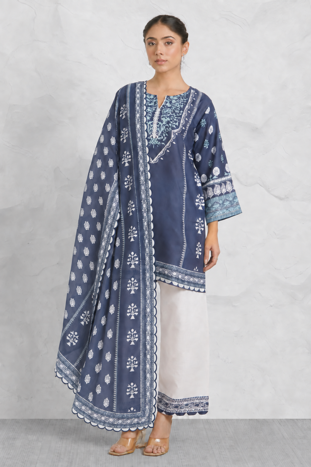 Arpita in Lawn Cotton Printkari Co-ord Set - Navy Blue & White With Straight pant