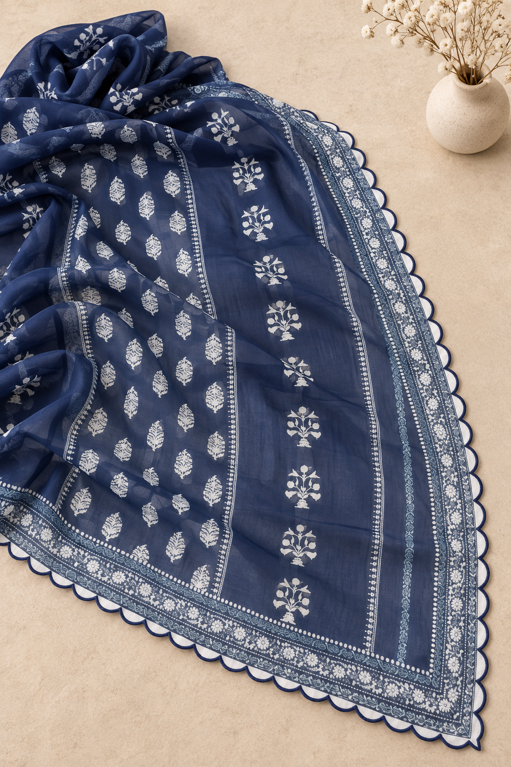 Printed Organza Dupatta - Navy Blue