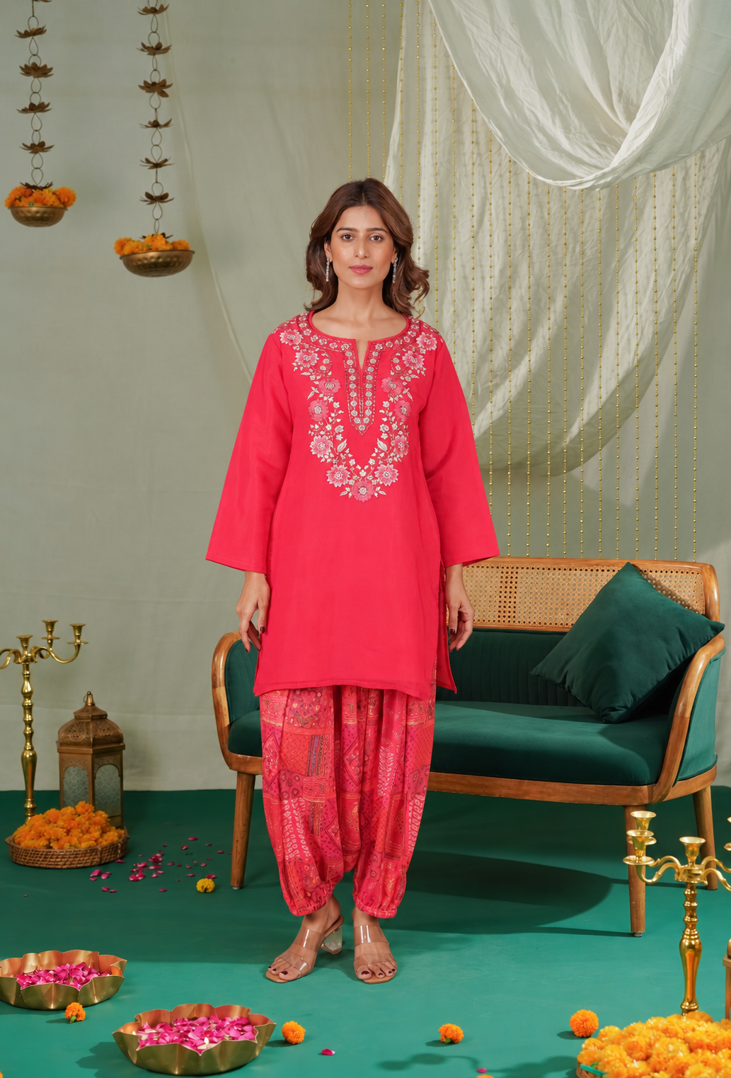 Printed Organza Dupatta in Fuchsia Pink
