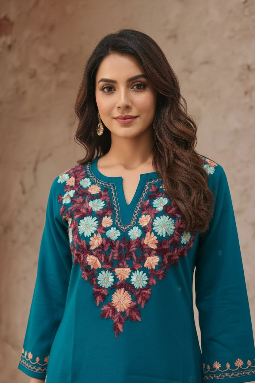 Cotton Kashmiri Aari Short Kurta – Tourquise