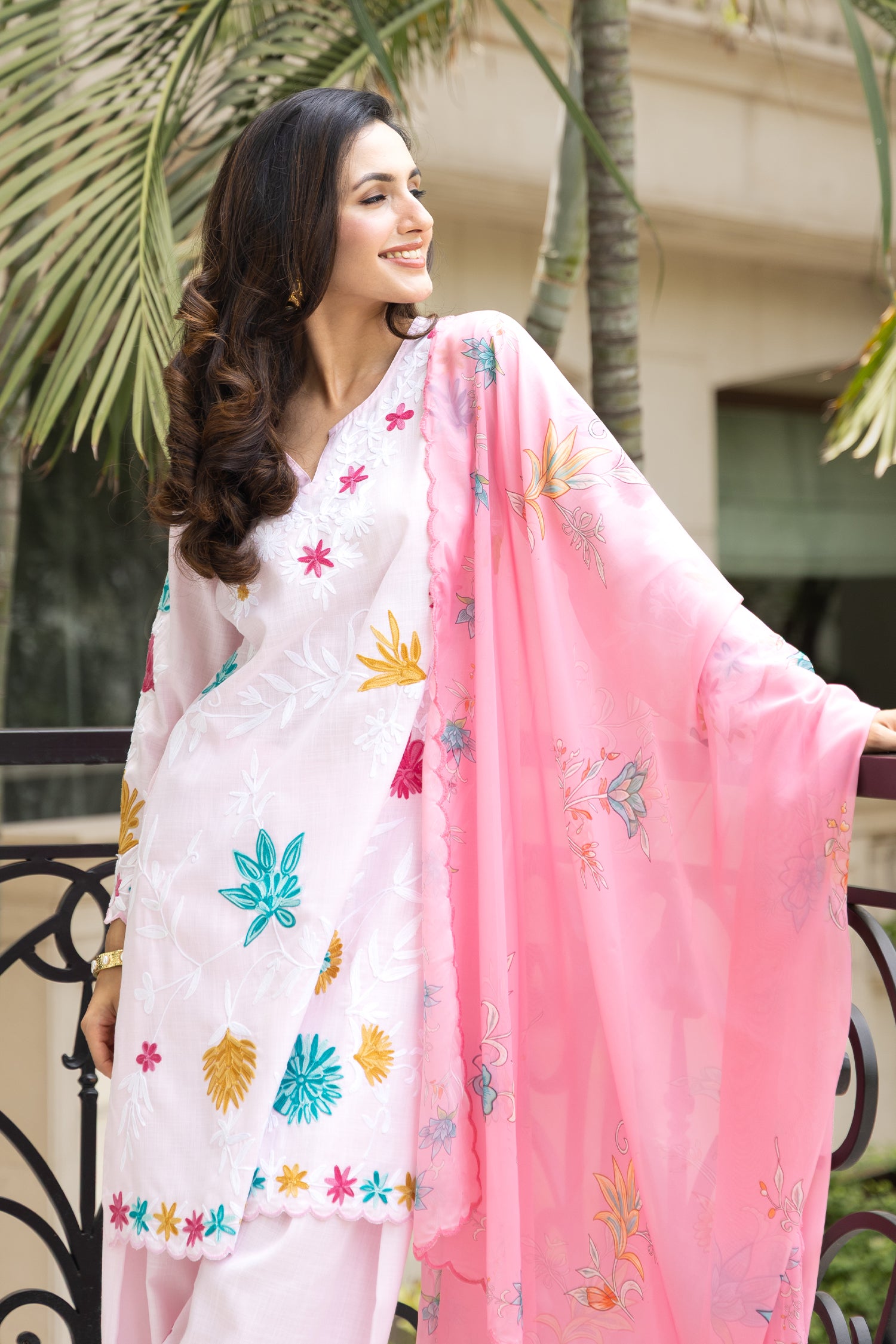 Kashmiri  Aari Embroidered Kurta Set in Ruby Cotton - Powder Pink
