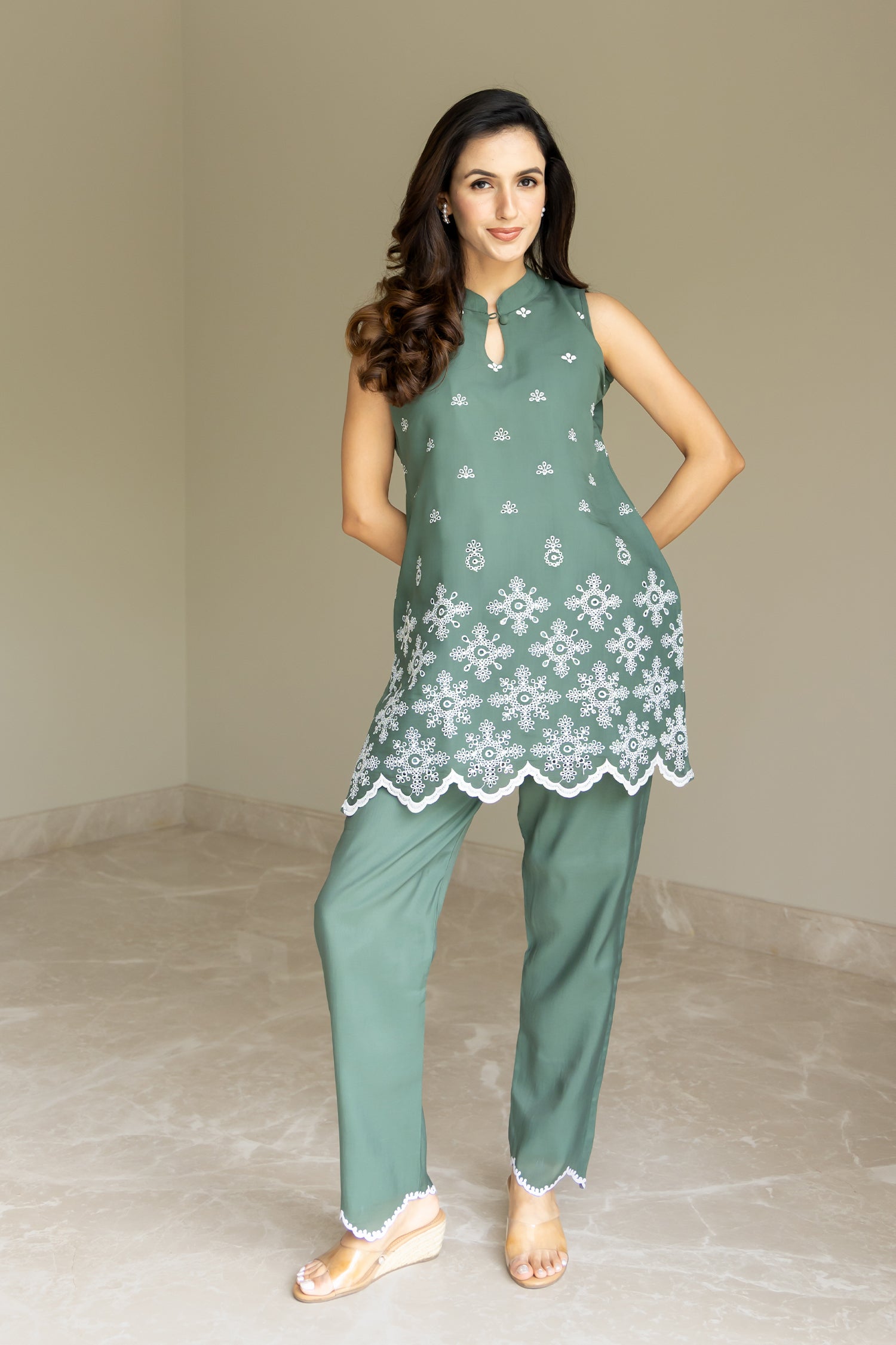 Mul Chanderi Silk Kurta Set  Laser-Cut - Sage Green