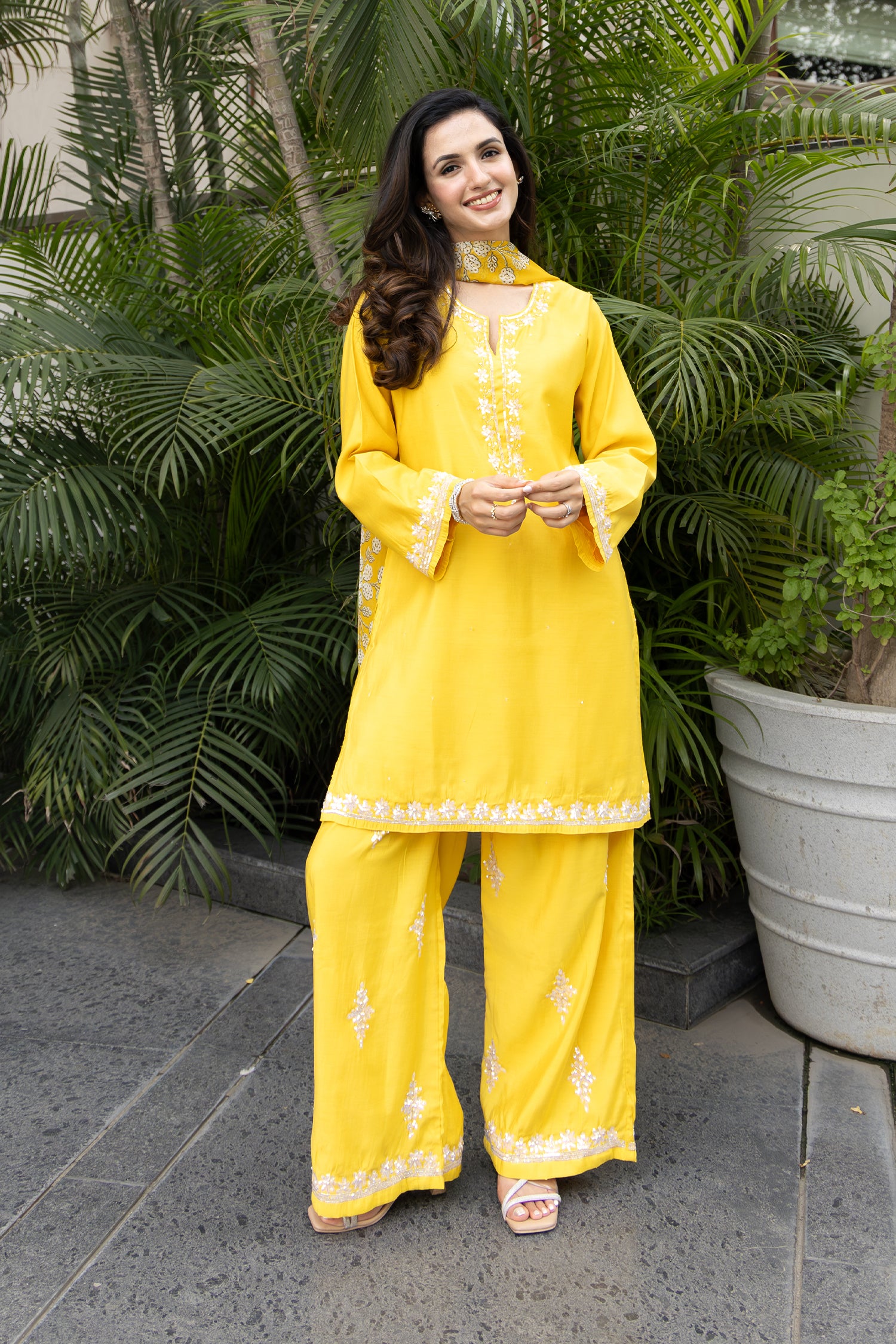 Pure Sequin Mul Chanderi Silk Embroidered Kurta Set - Yellow