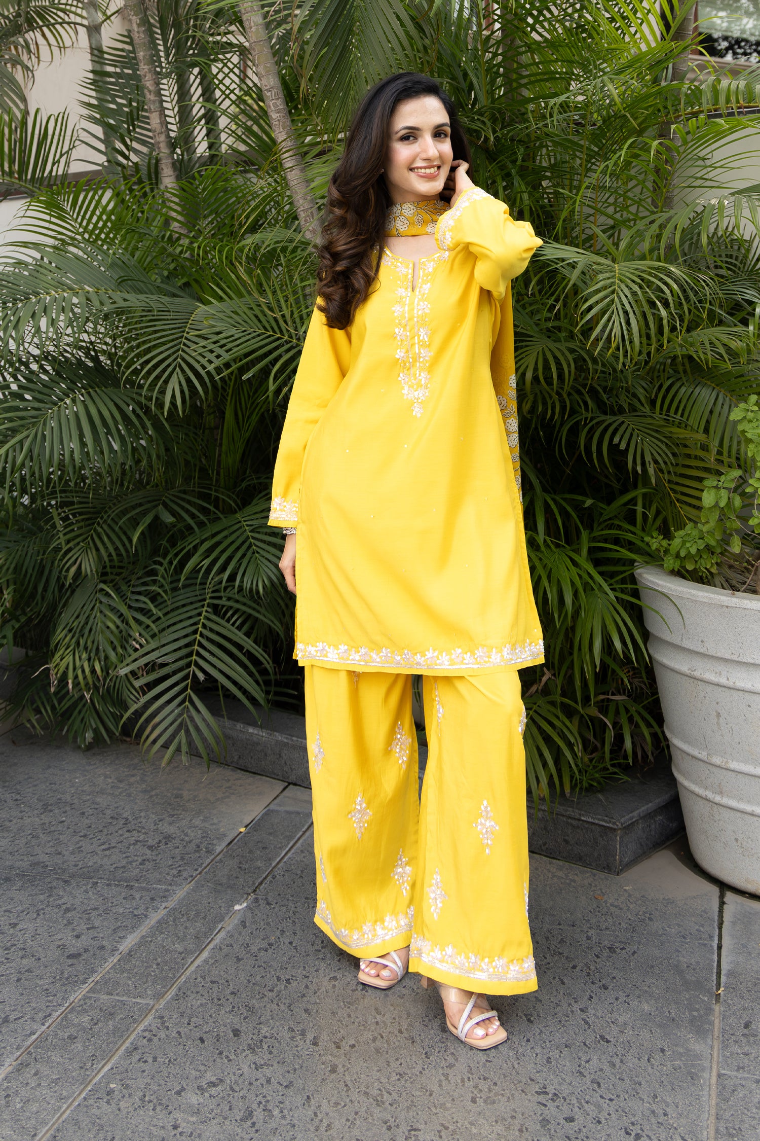 Pure Sequin Mul Chanderi Silk Embroidered Kurta Set - Yellow
