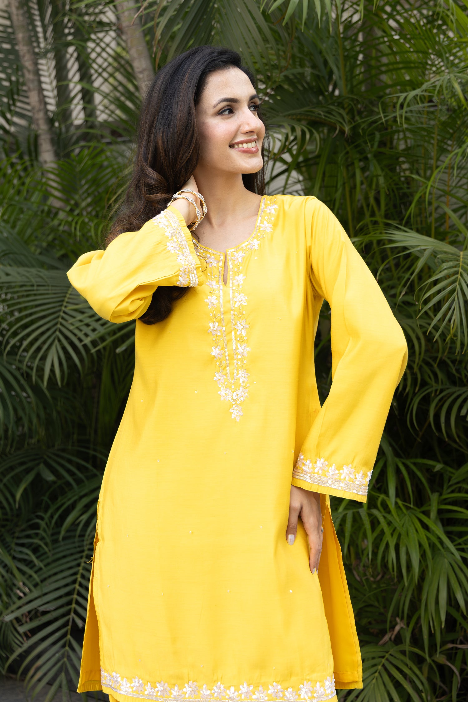 Pure Sequin Mul Chanderi Silk Embroidered Kurta Set - Yellow
