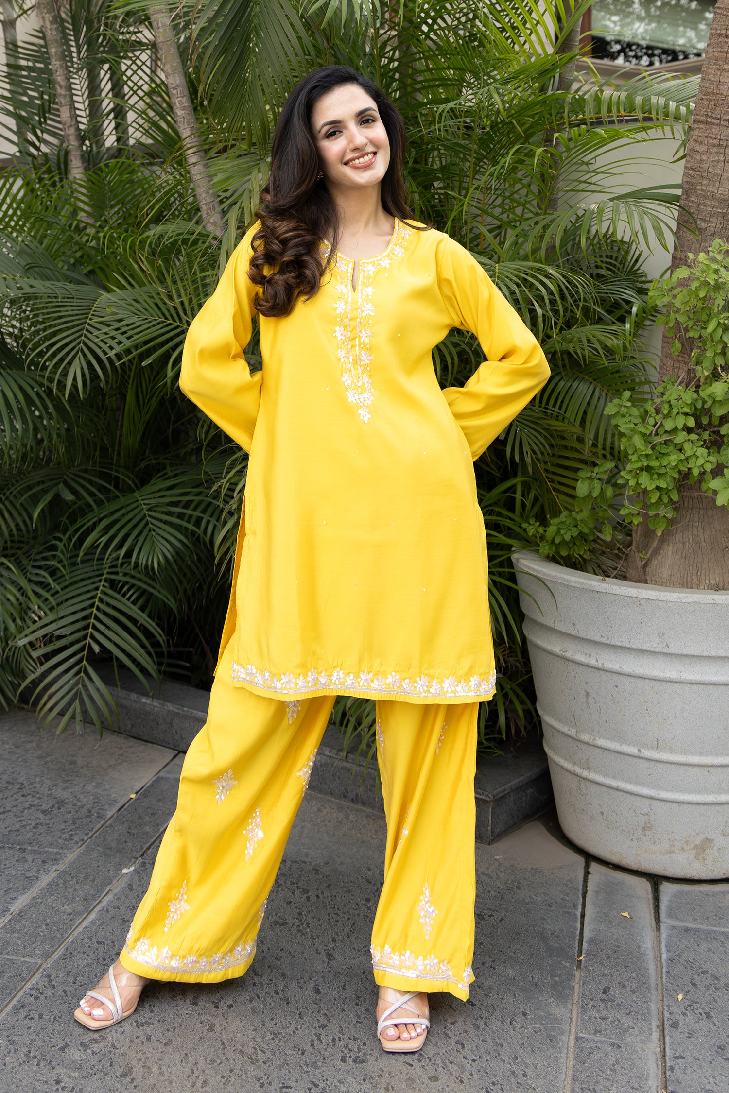 Pure Sequin Mul Chanderi Silk Embroidered Kurta Set - Yellow