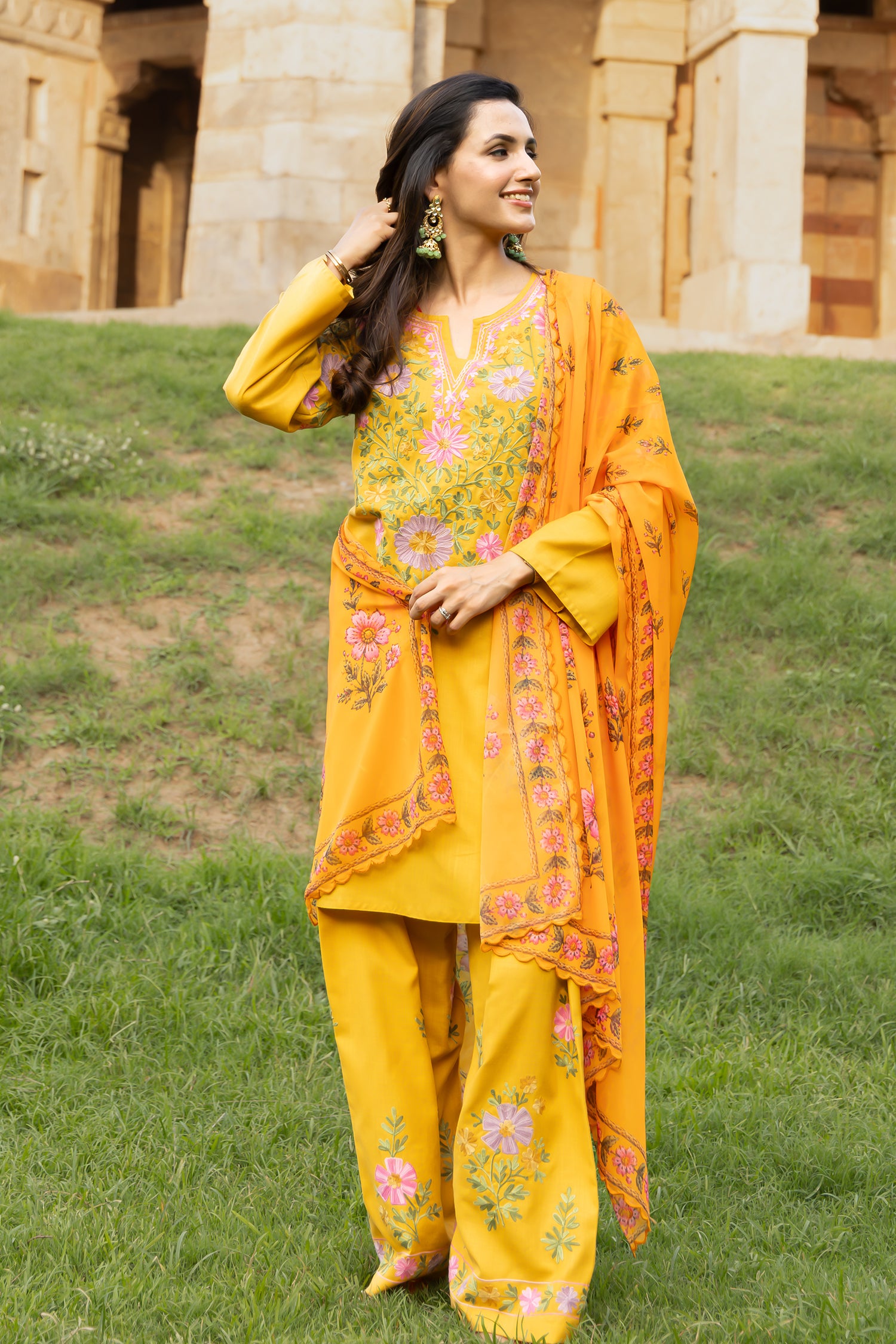 Kashmiri  Aari Embroidered Kurta Set in Ruby Cotton - Mustard