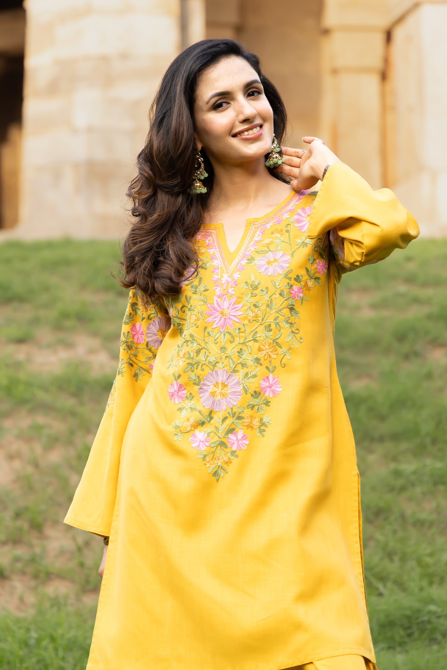 Kashmiri  Aari Embroidered Kurta Set in Ruby Cotton - Mustard