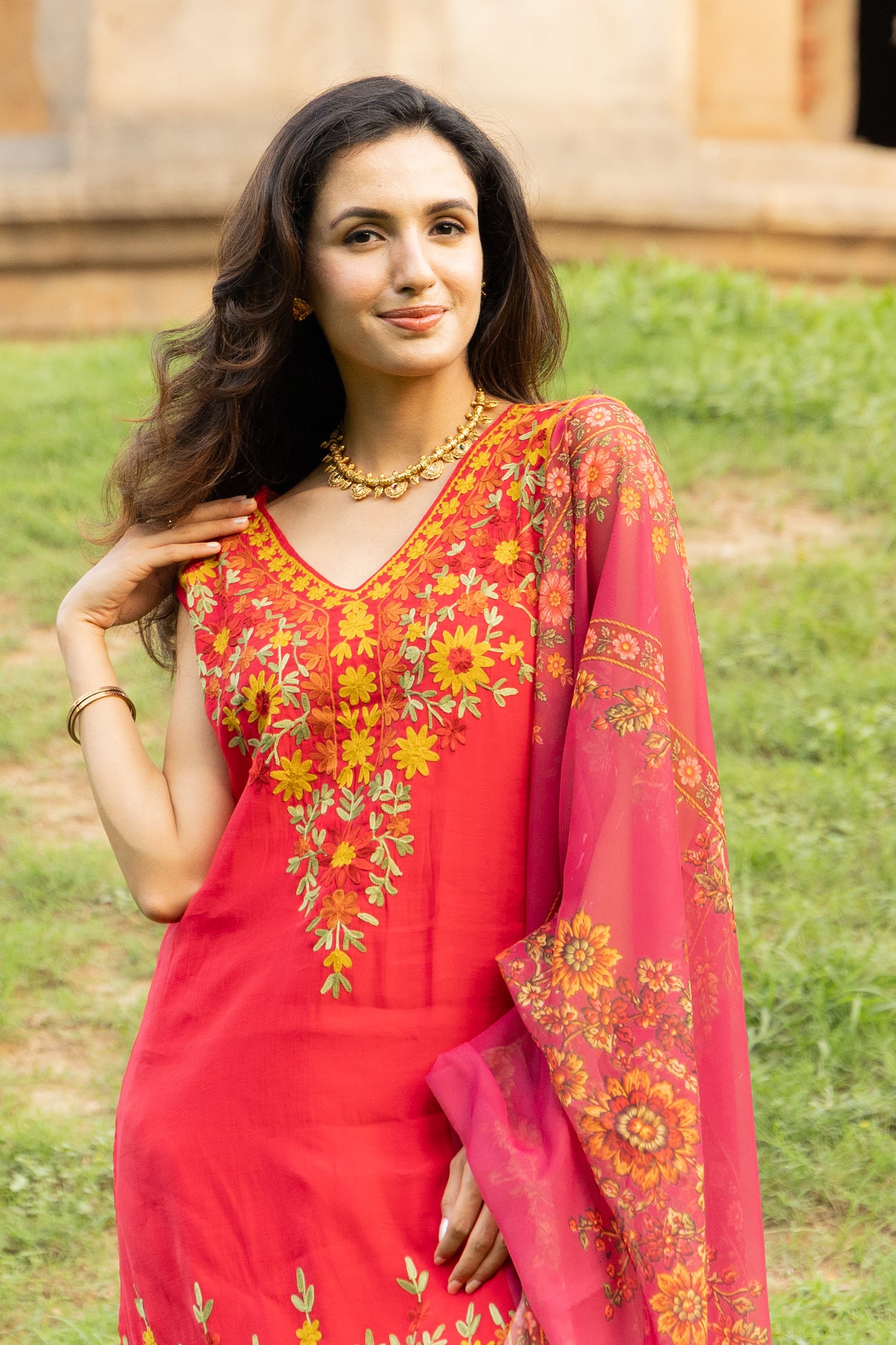 Mul Chanderi Silk  Kashmiri Aari Embroidered Kurta Set  - Pink With Mustard bottoms