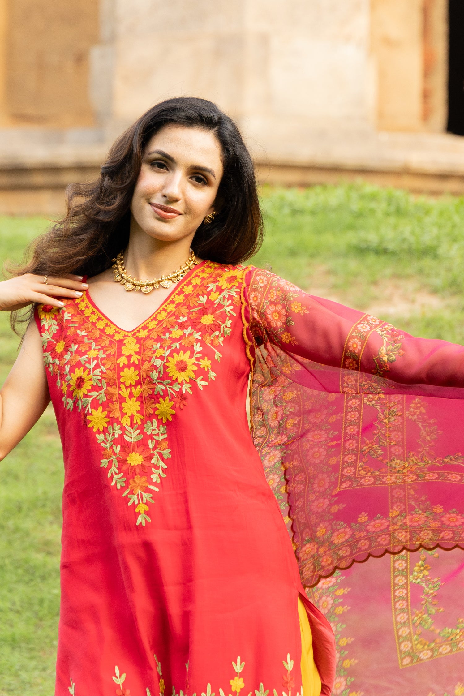 Mul Chanderi Silk  Kashmiri Aari Embroidered Kurta Set  - Pink With Mustard bottoms