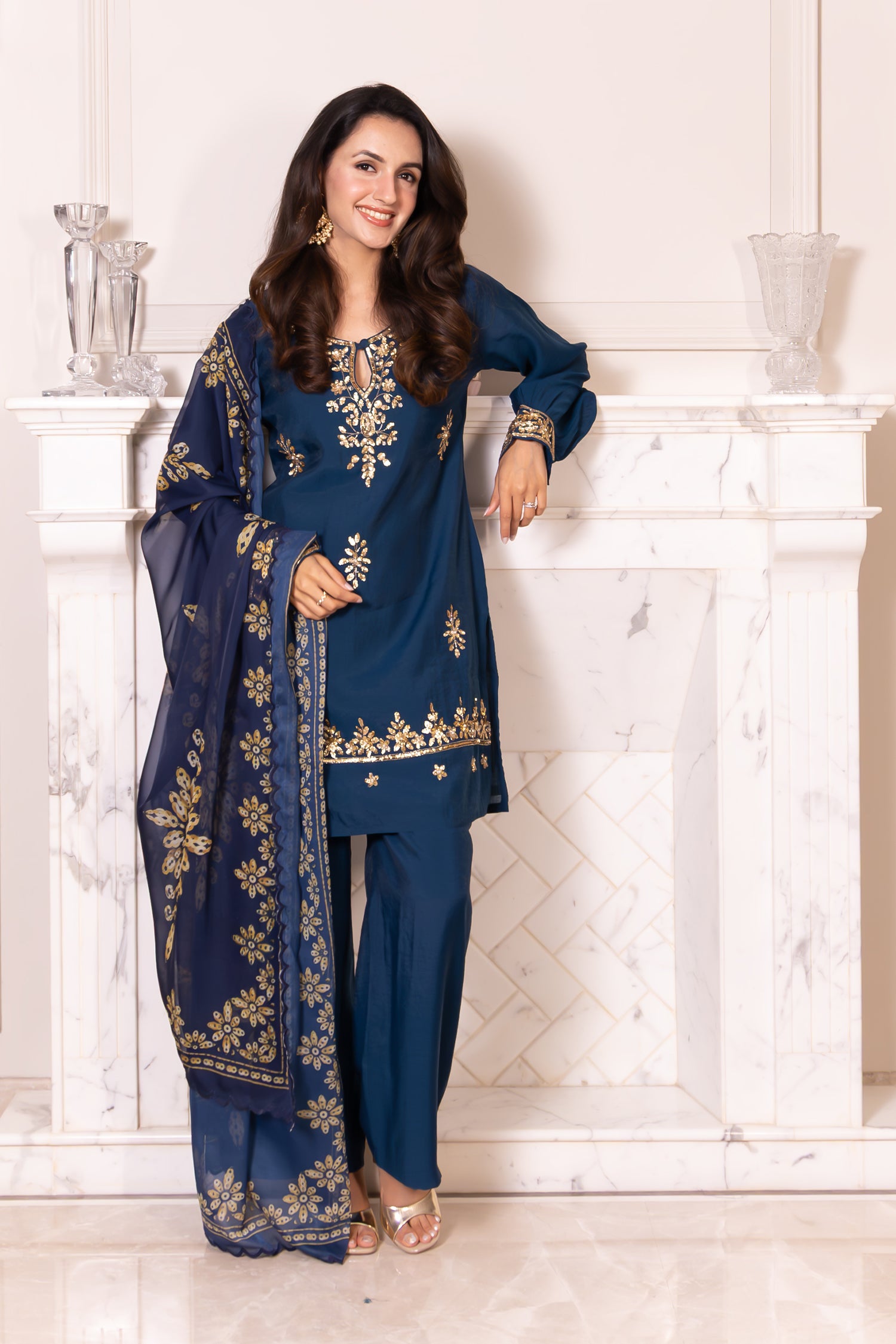 Pure Sequin Mul Chanderi Silk Embroidered Kurta Set - Navy Blue