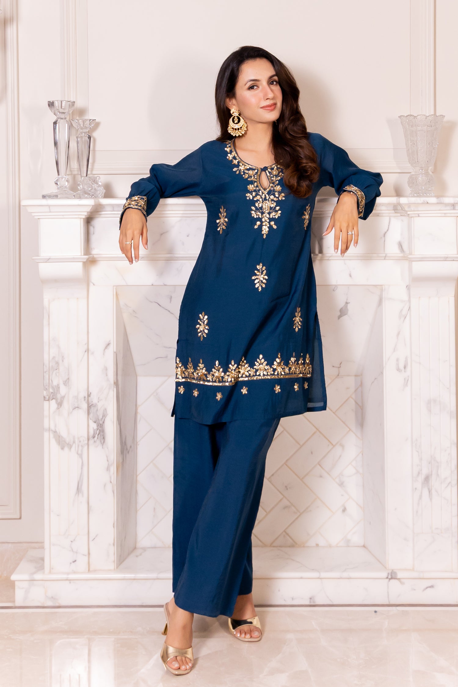 Pure Sequin Mul Chanderi Silk Embroidered Kurta Set - Navy Blue