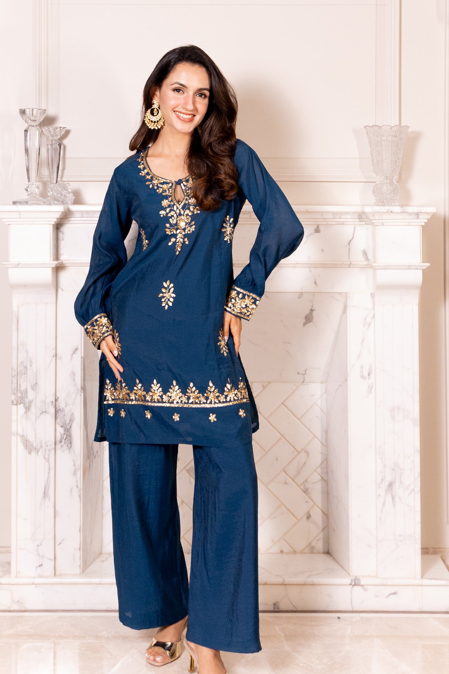 Pure Sequin Mul Chanderi Silk Embroidered Kurta Set - Navy Blue