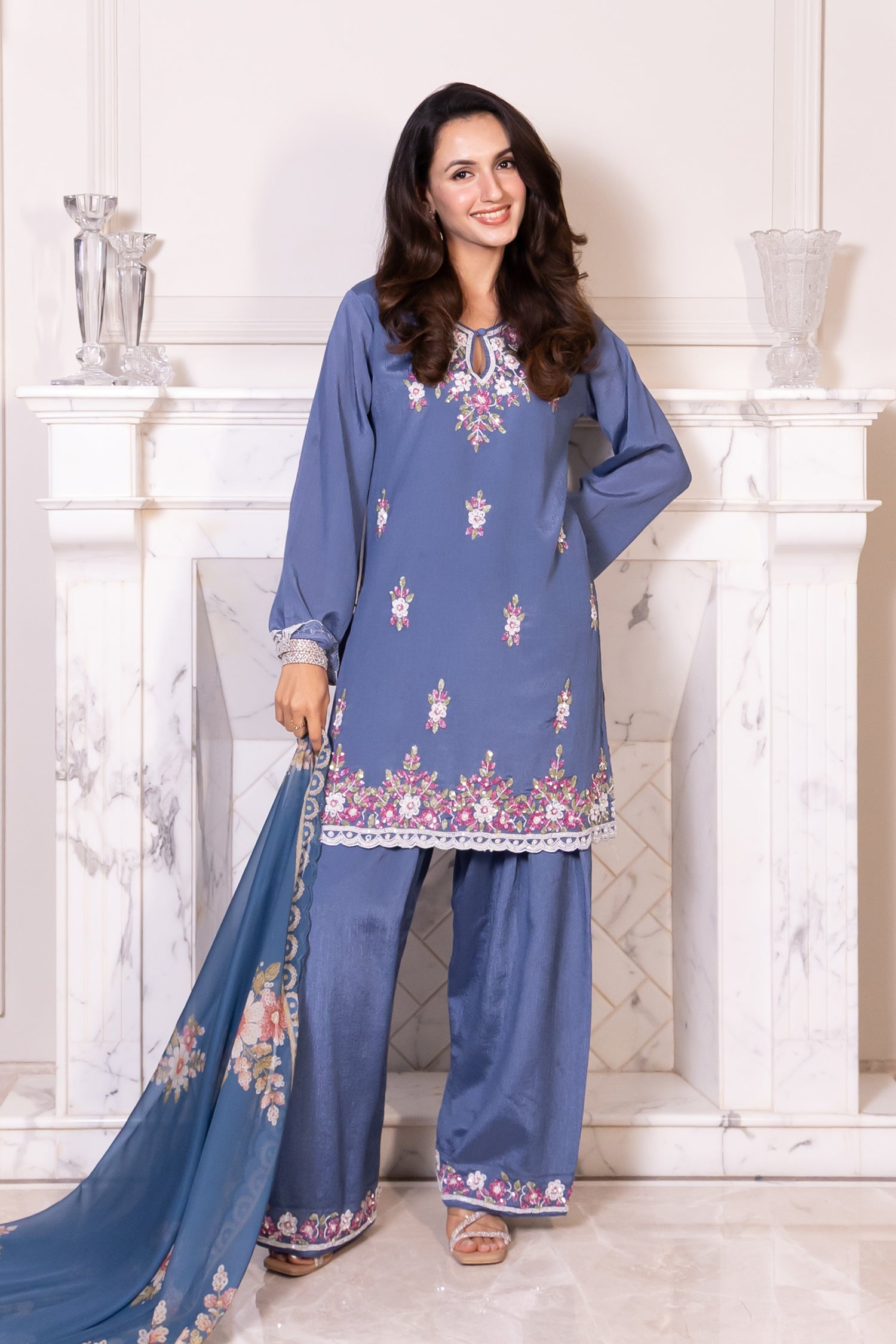Pure Sequin Chinnon Chiffon Embroidered Kurta Set - Blue