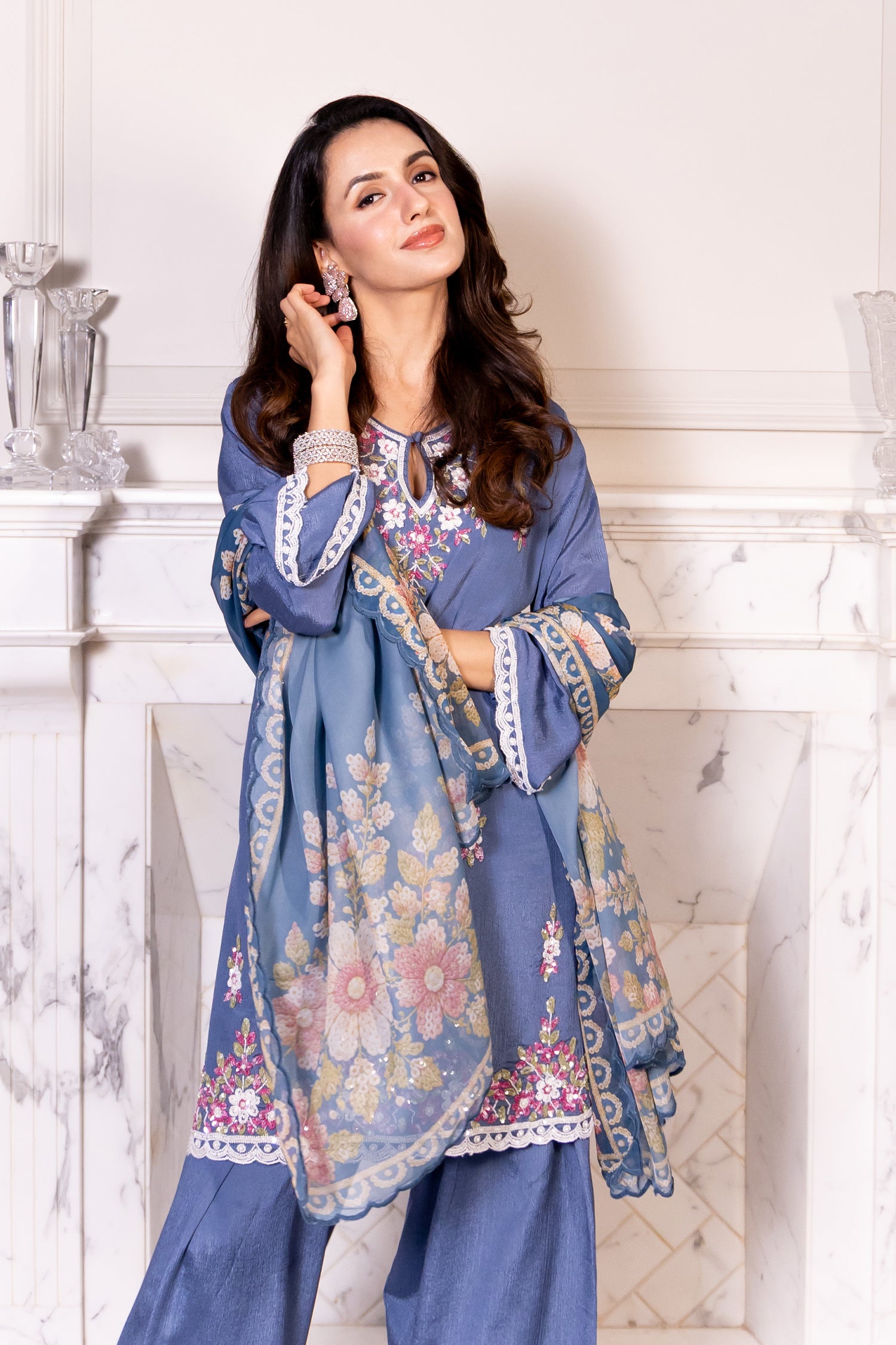 Pure Sequin Chinnon Chiffon Embroidered Kurta Set - Blue