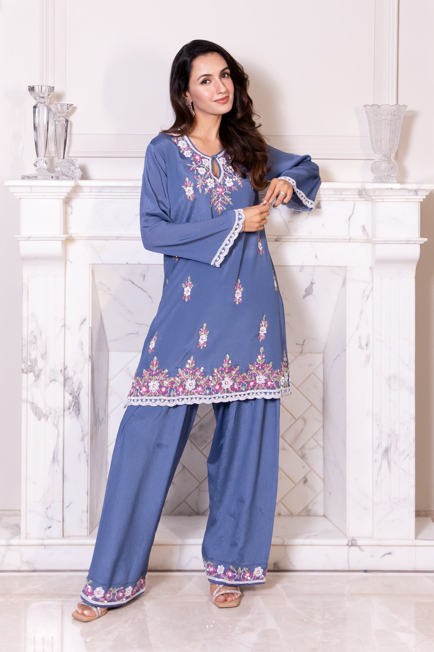 Pure Sequin Chinnon Chiffon Embroidered Kurta Set - Blue