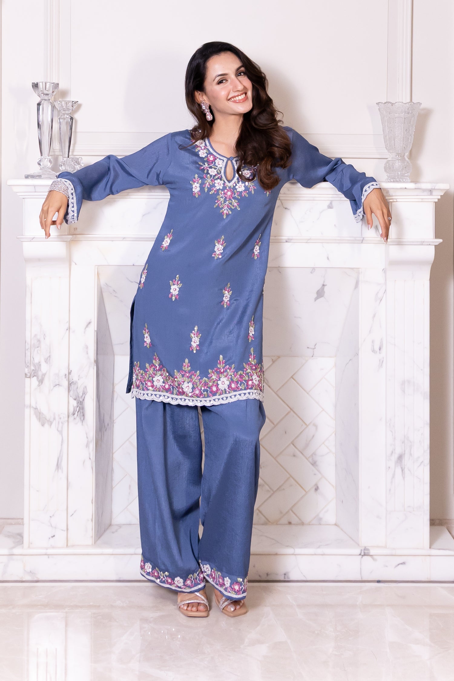 Pure Sequin Chinnon Chiffon Embroidered Kurta Set - Blue
