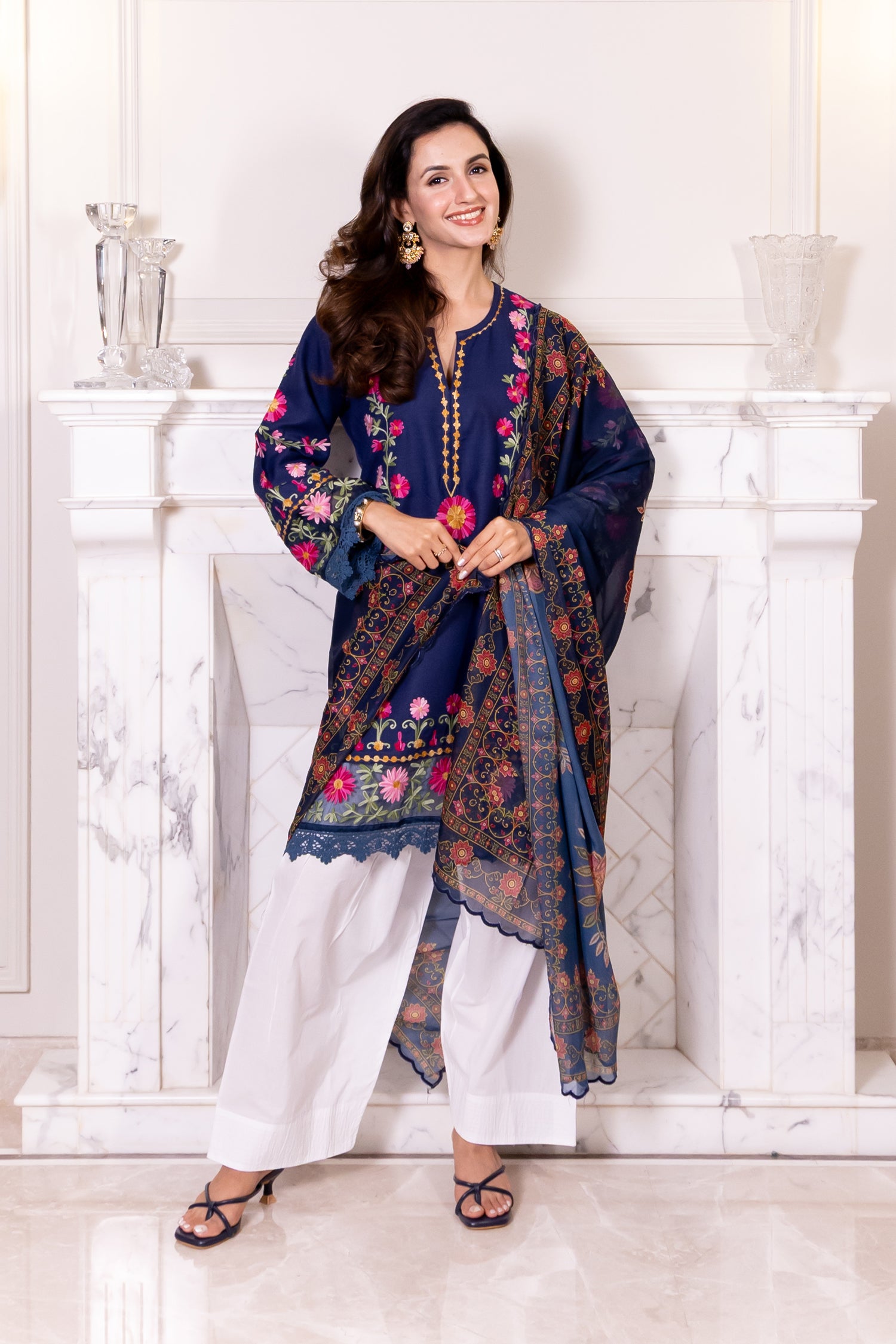 Kashmiri Aari Embroidered Kurta in Ruby Cotton - Navy Blue