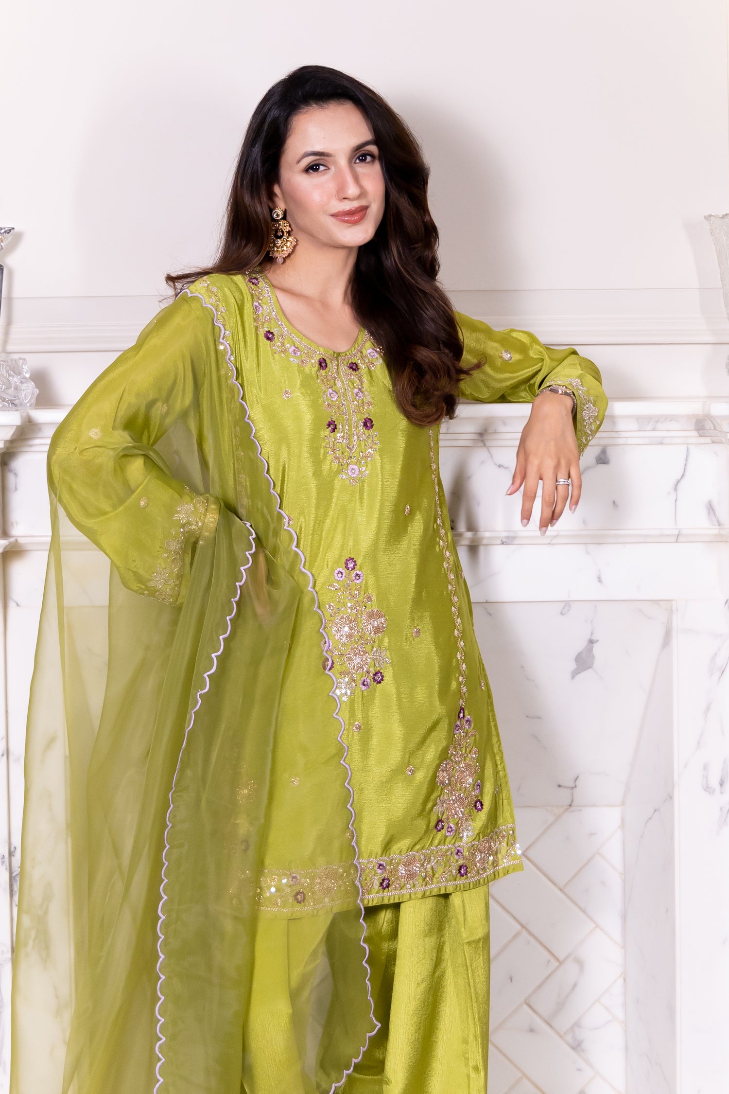 Mix Sequin Chinnon Chiffon Embroidered Kurta Set - Pista Green