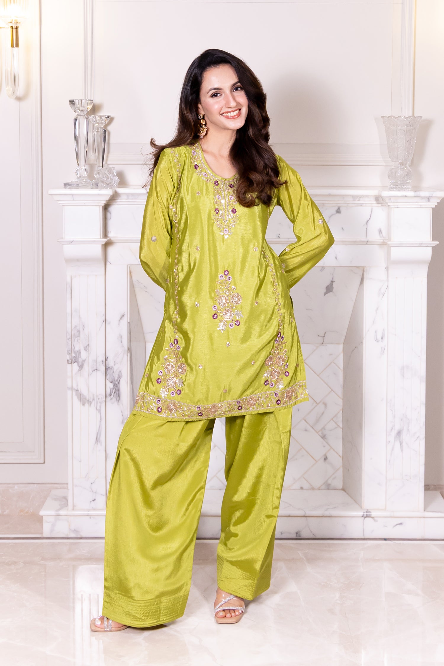 Mix Sequin Chinnon Chiffon Embroidered Kurta Set - Pista Green