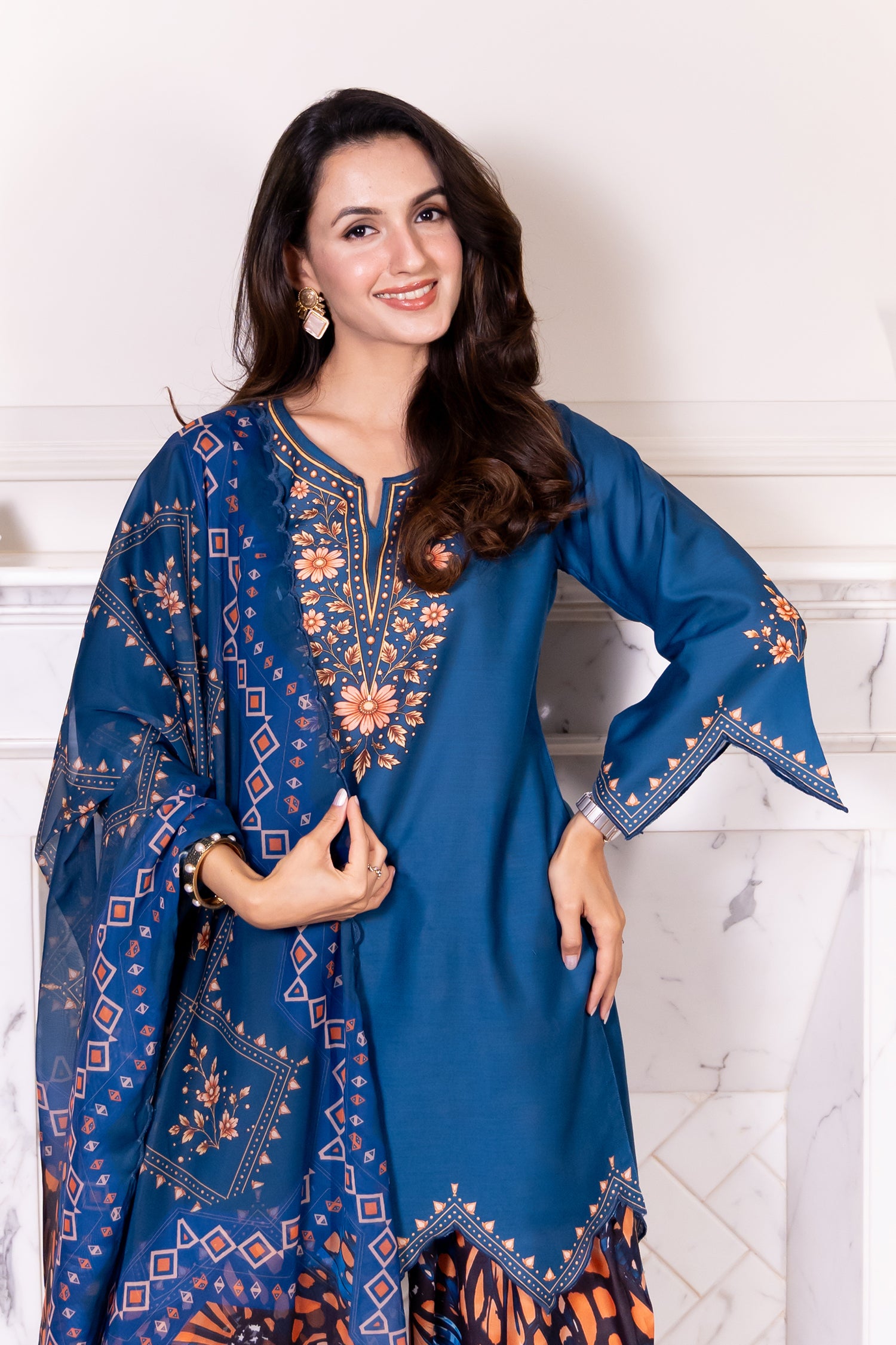 Lawn Cotton Printed Co-ord Set  Laser-Cut - Teal Blue