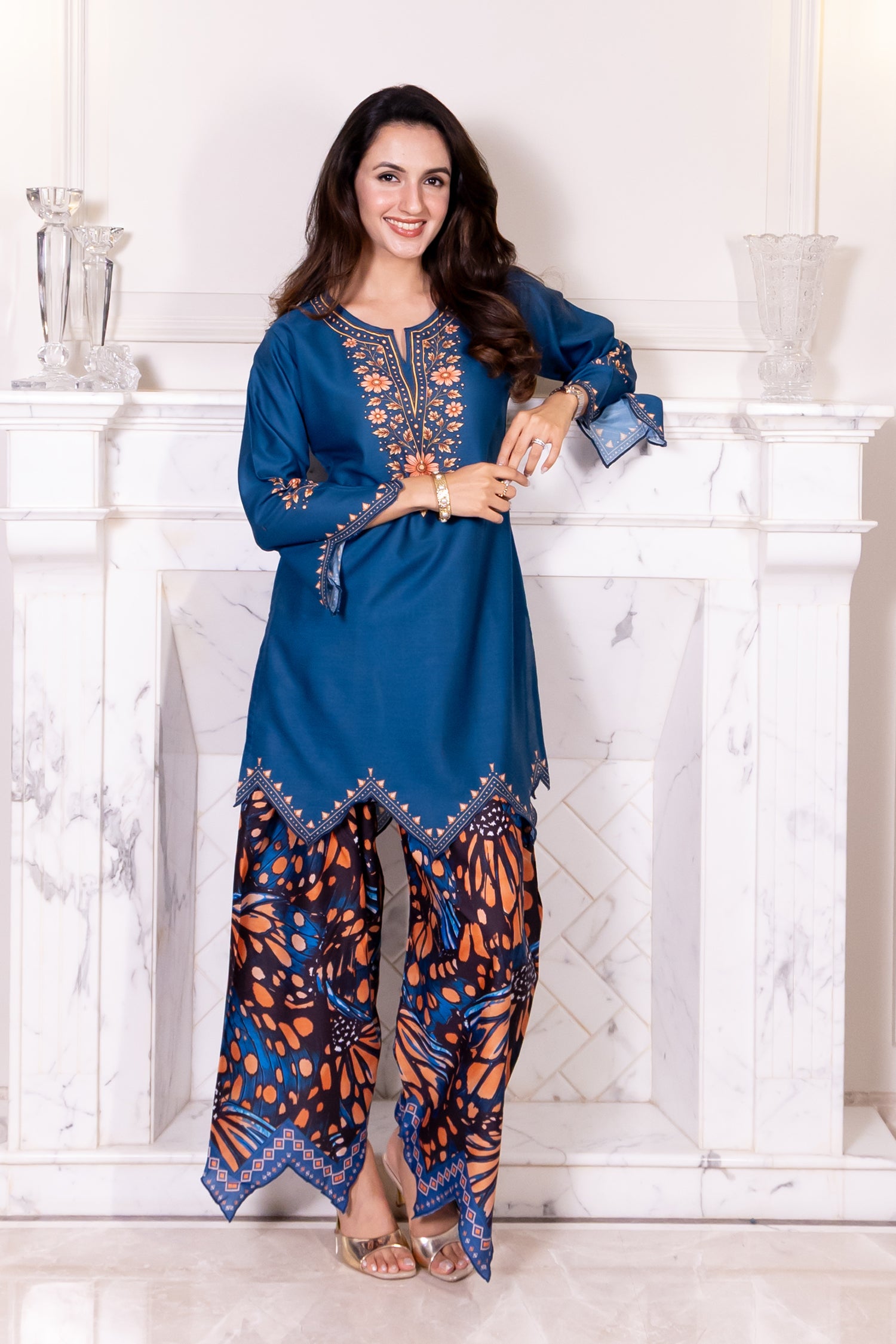 Lawn Cotton Printed Co-ord Set  Laser-Cut - Teal Blue