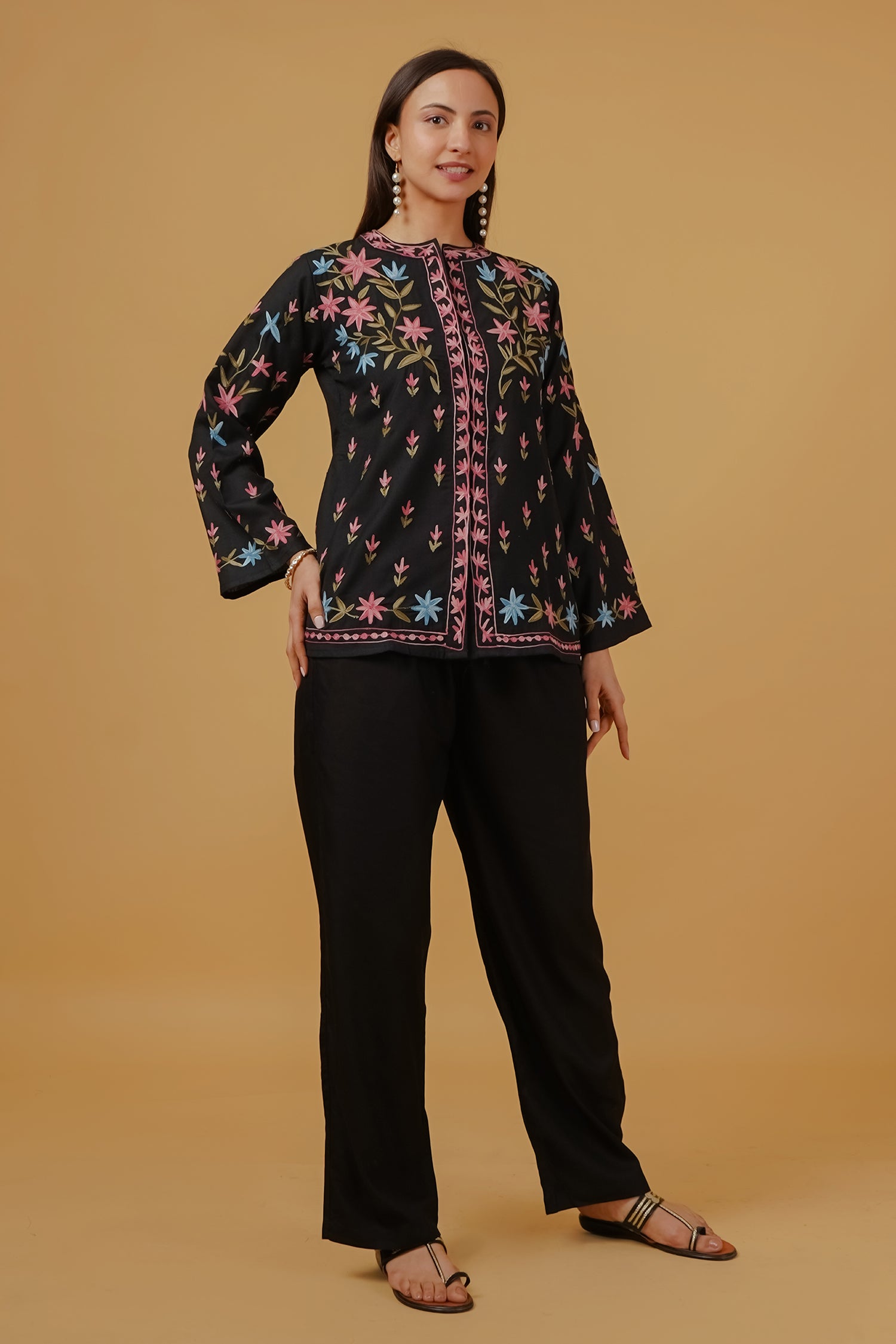 Harpreet in Cotton Kashmiri Aari Embroidered Jacket – Black