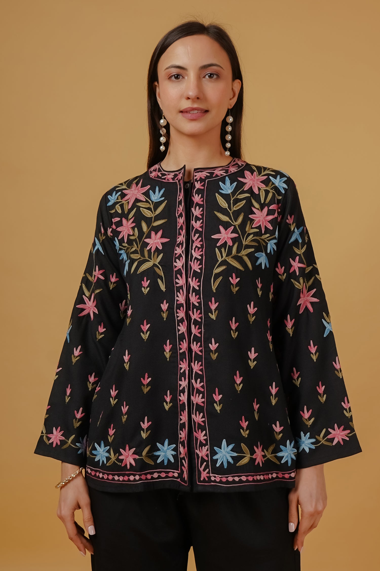 Harpreet in Cotton Kashmiri Aari Embroidered Jacket – Black