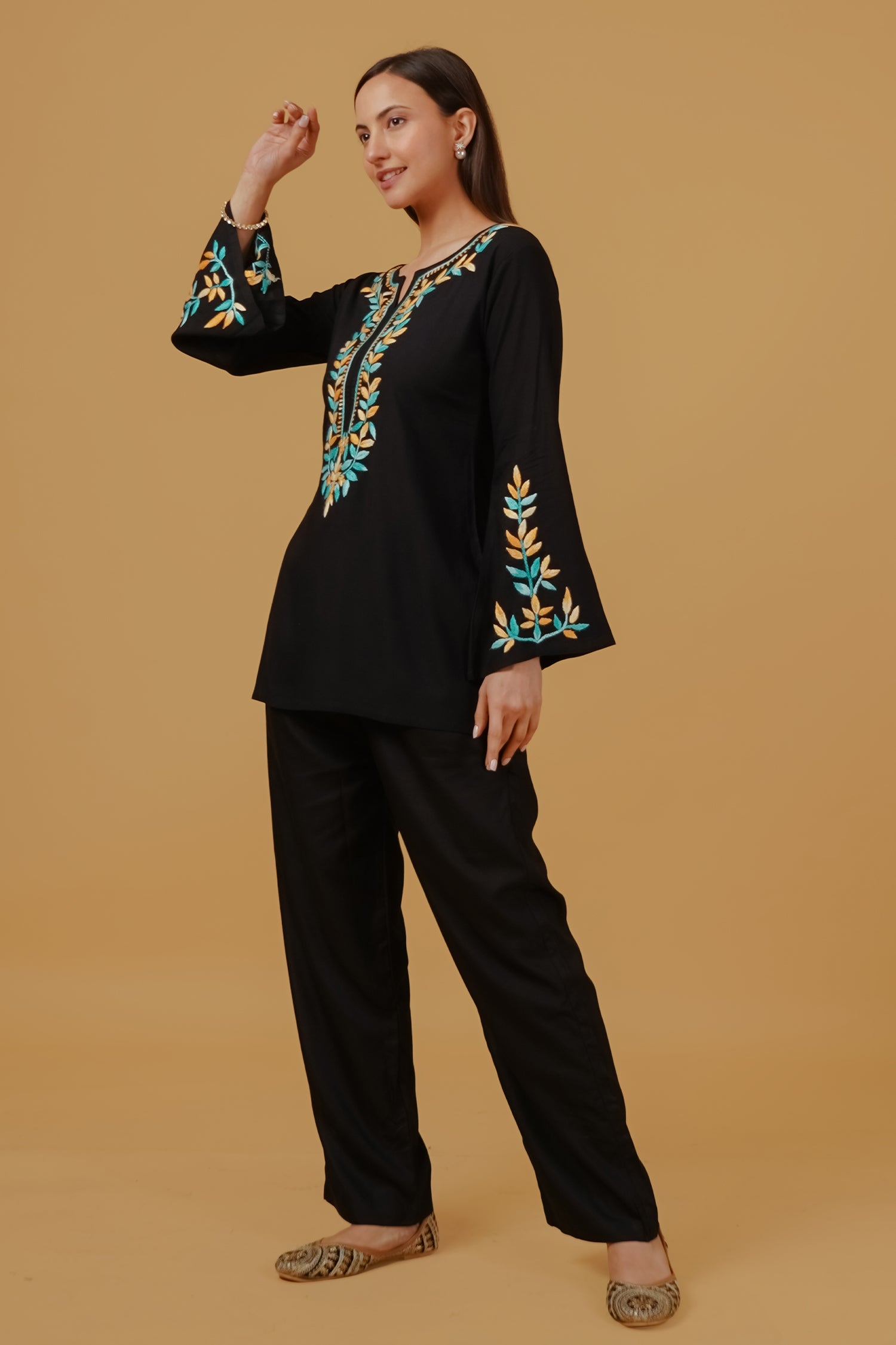 Chikankari Embroidered  Short Kurta in Rayon – Black