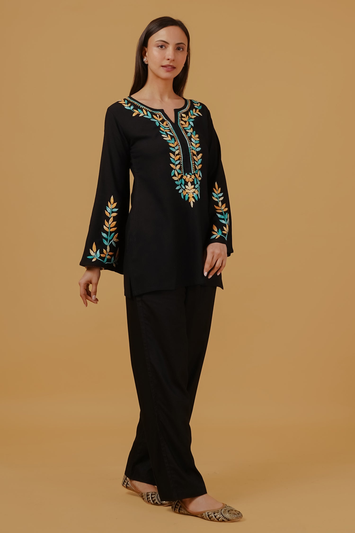 Chikankari Embroidered  Short Kurta in Rayon – Black