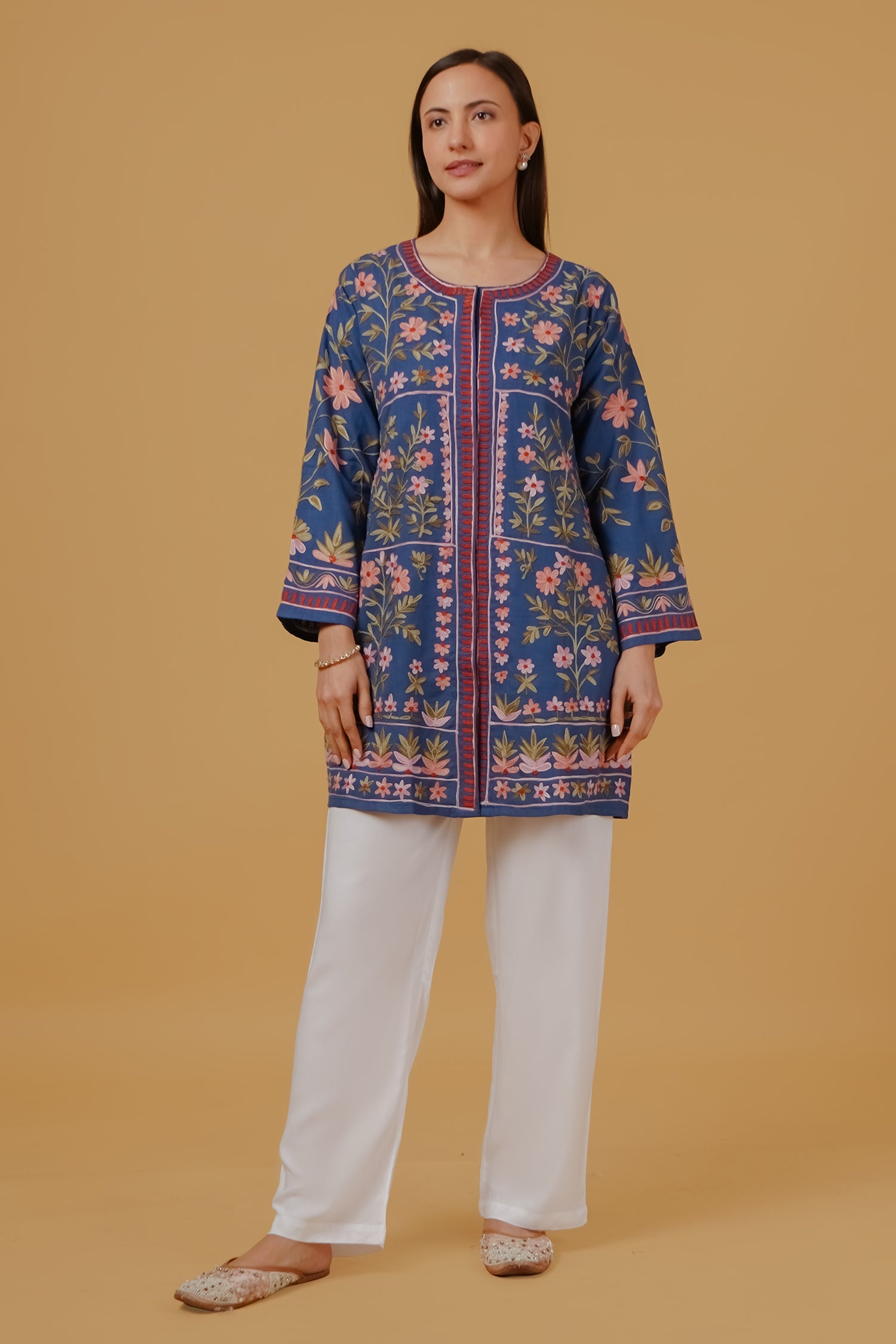 Cotton Kashmiri Aari Embroidered Jacket – Blue
