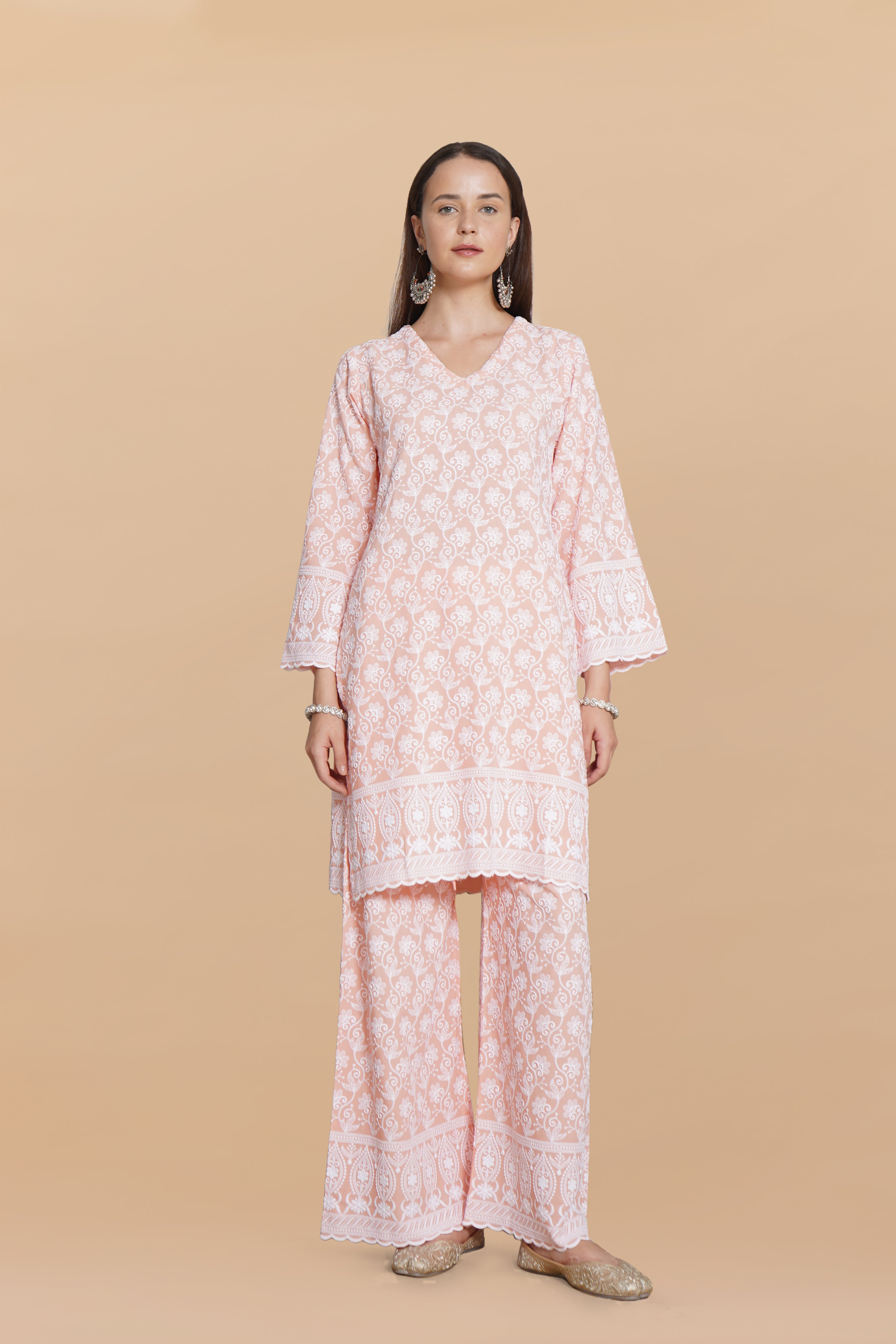 Saba Chikankari Kurta Set in Rayon - Orange