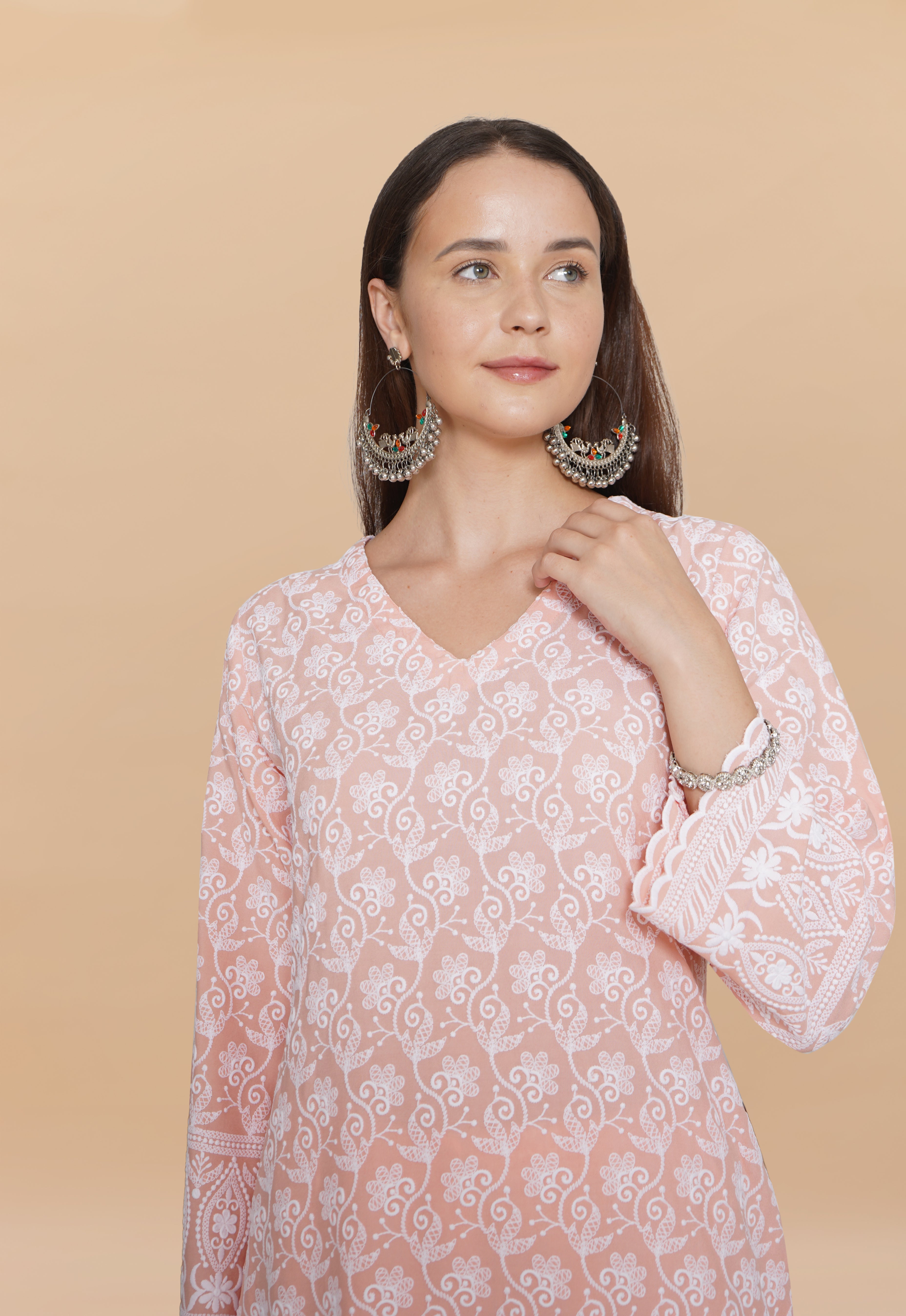 Saba Chikankari Kurta Set in Rayon - Orange