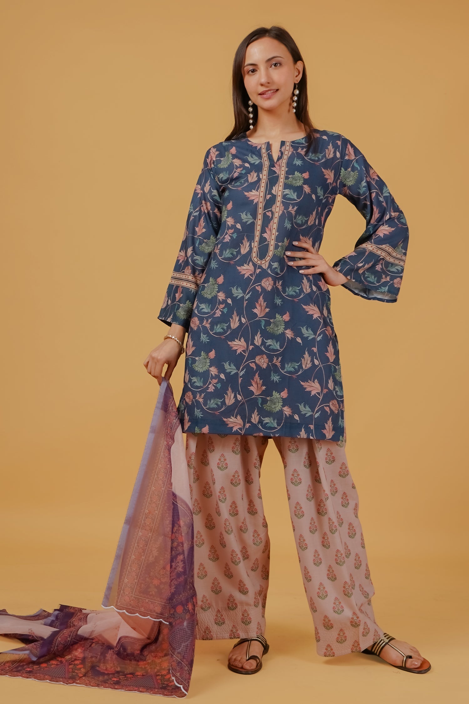 Printed Organza Dupatta - Teal