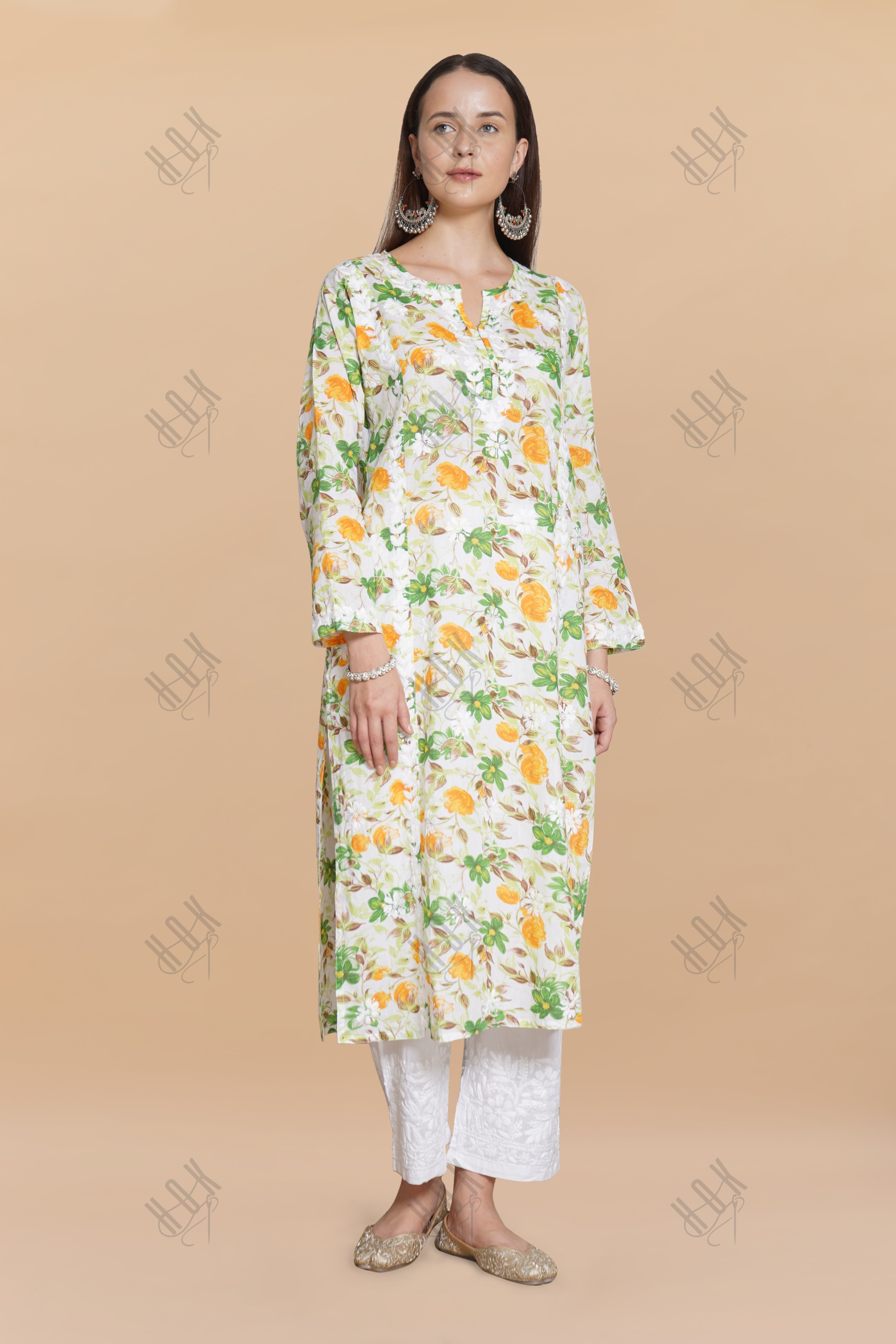 Saba Chikankari Kurta in Mul cotton in Green Floral