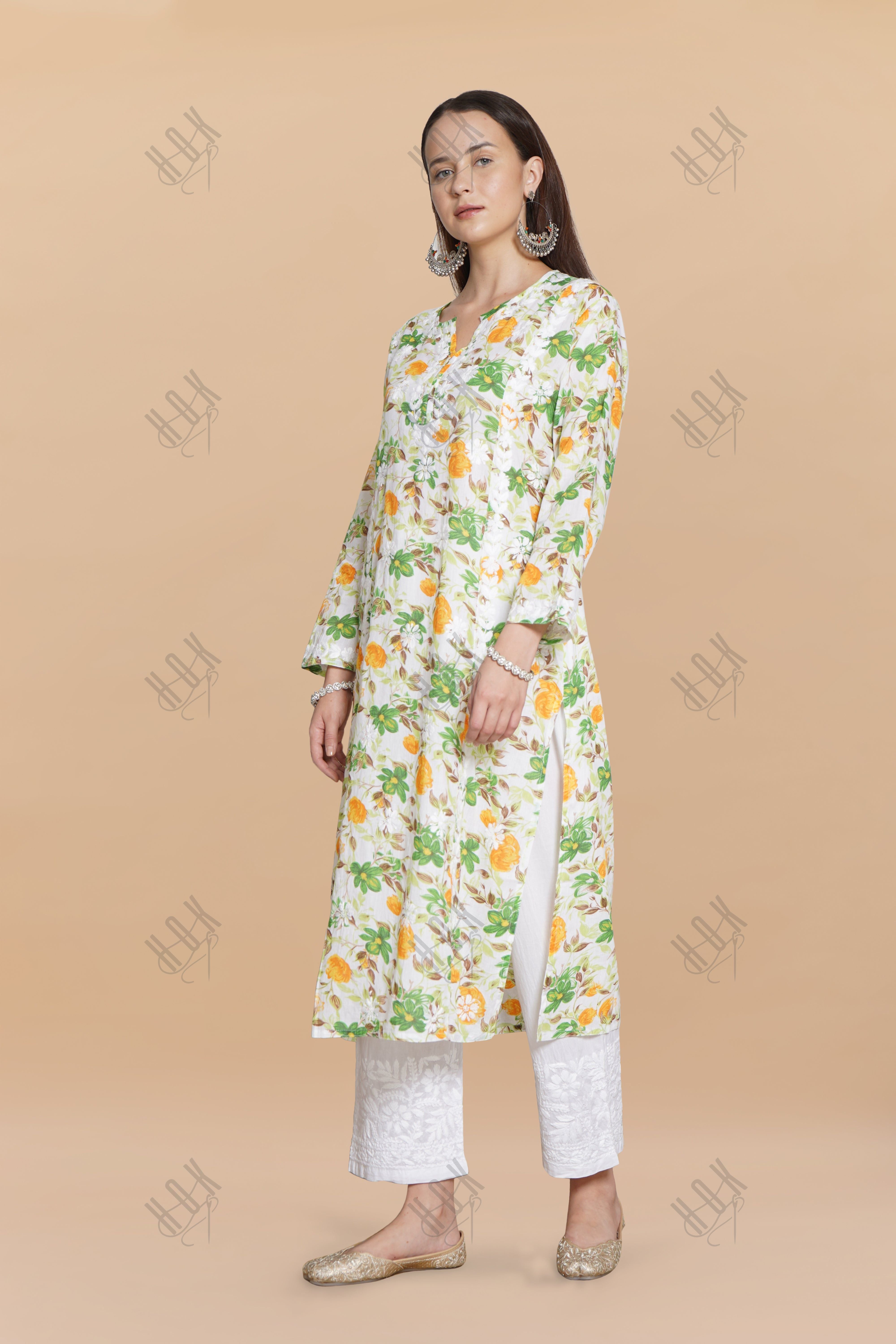 Saba Chikankari Kurta in Mul cotton in Green Floral