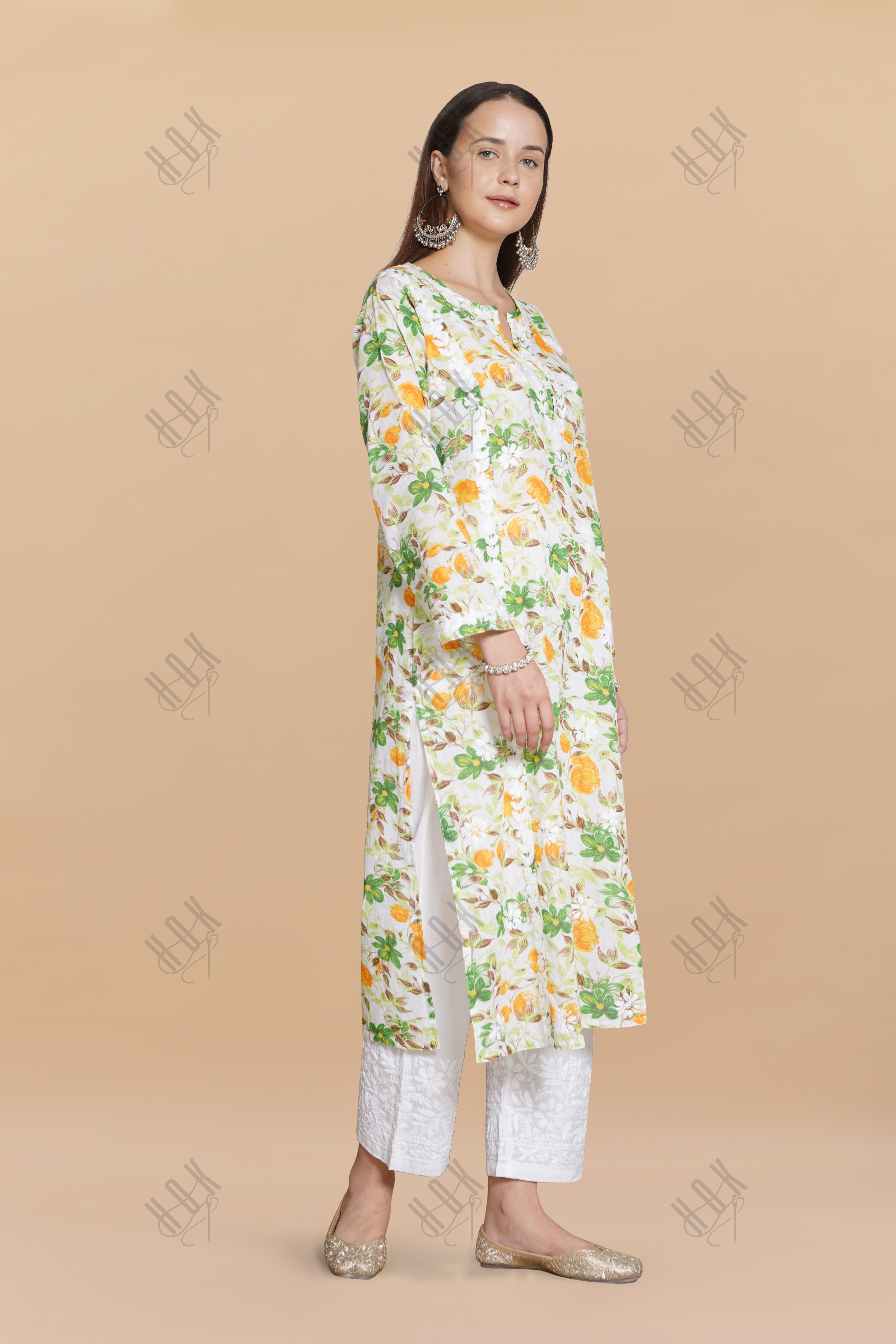 Saba Chikankari Kurta in Mul cotton in Green Floral