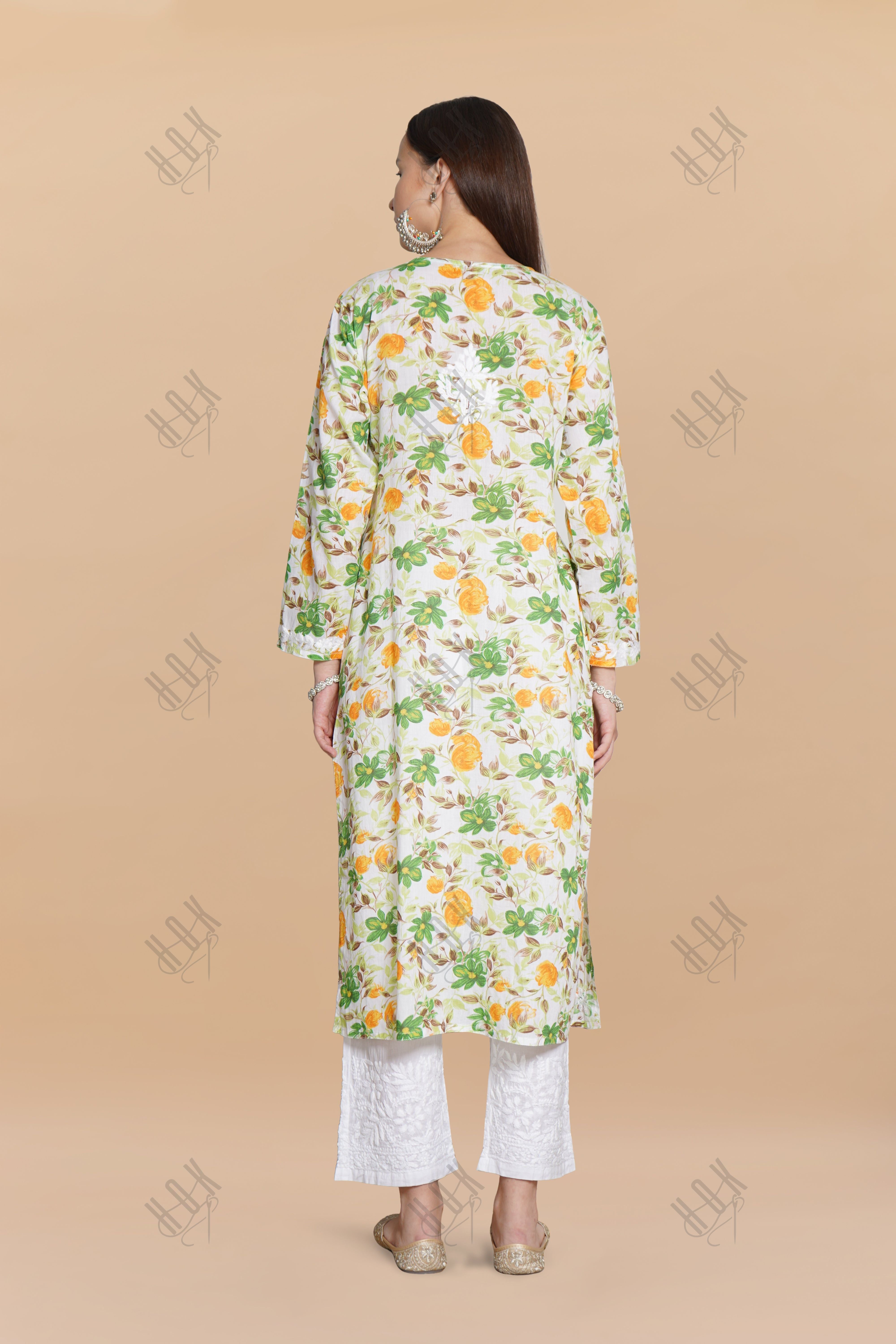 Saba Chikankari Kurta in Mul cotton in Green Floral