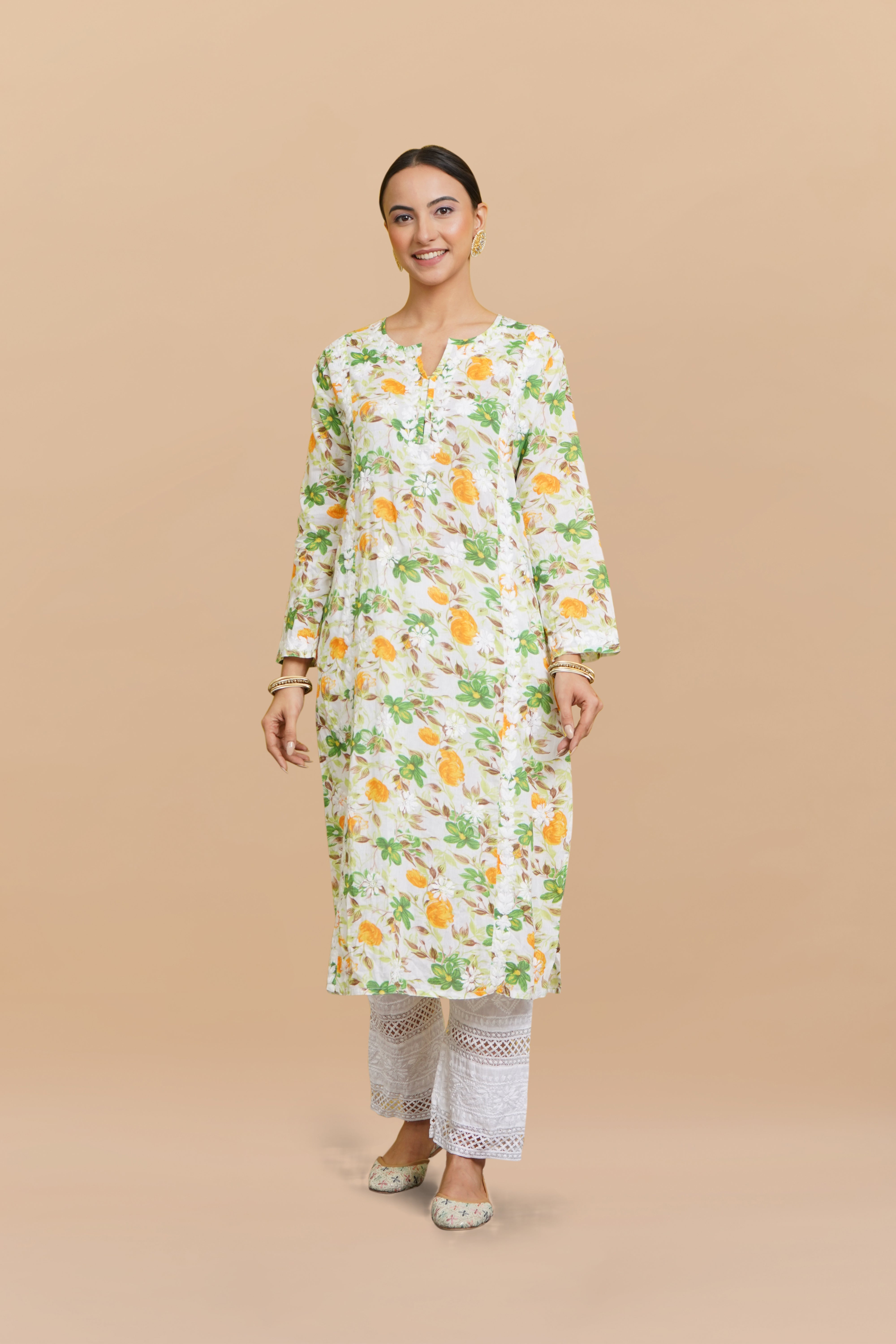 Saba Chikankari Kurta in Mul cotton in Green Floral