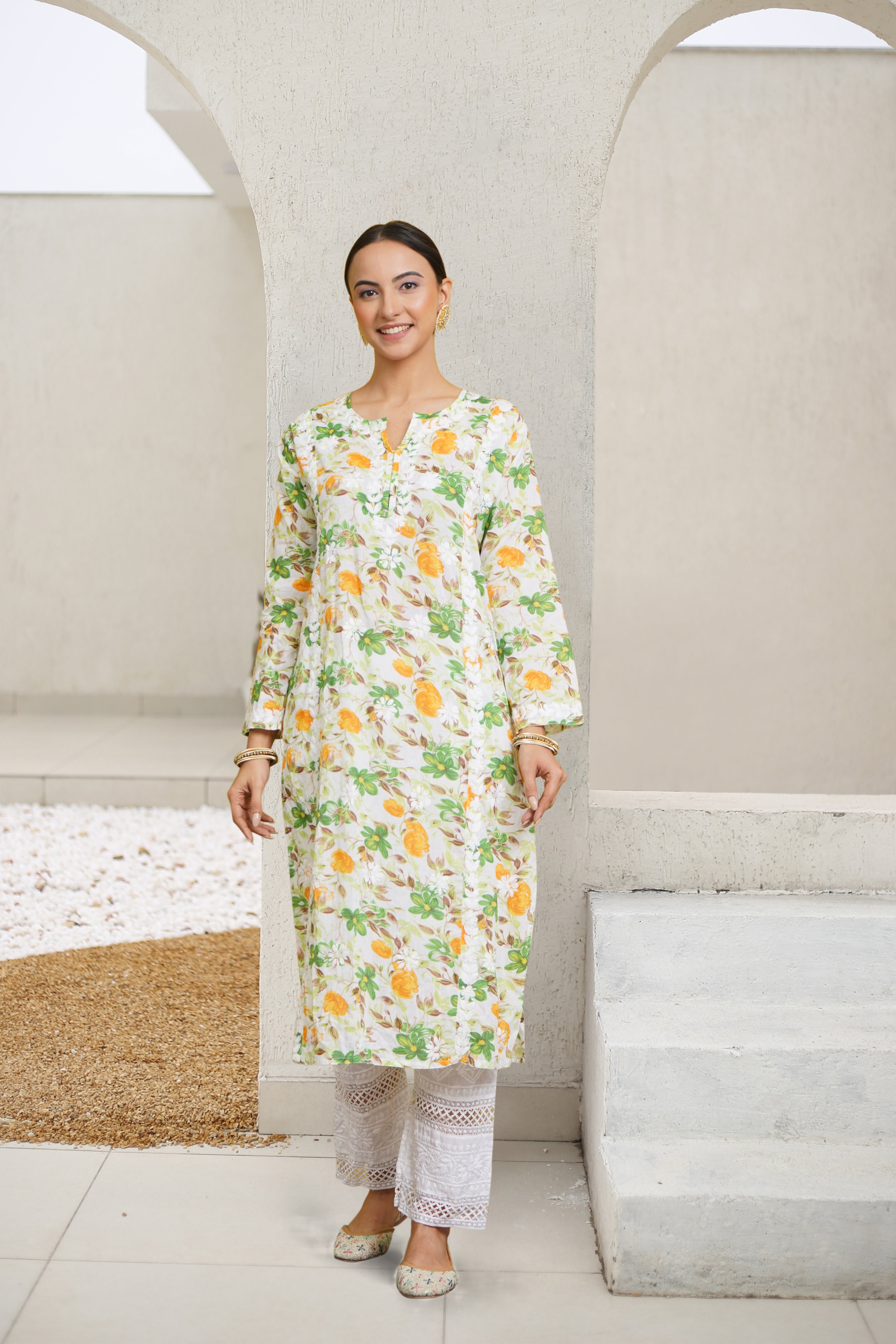 Saba Chikankari Kurta in Mul cotton in Green Floral