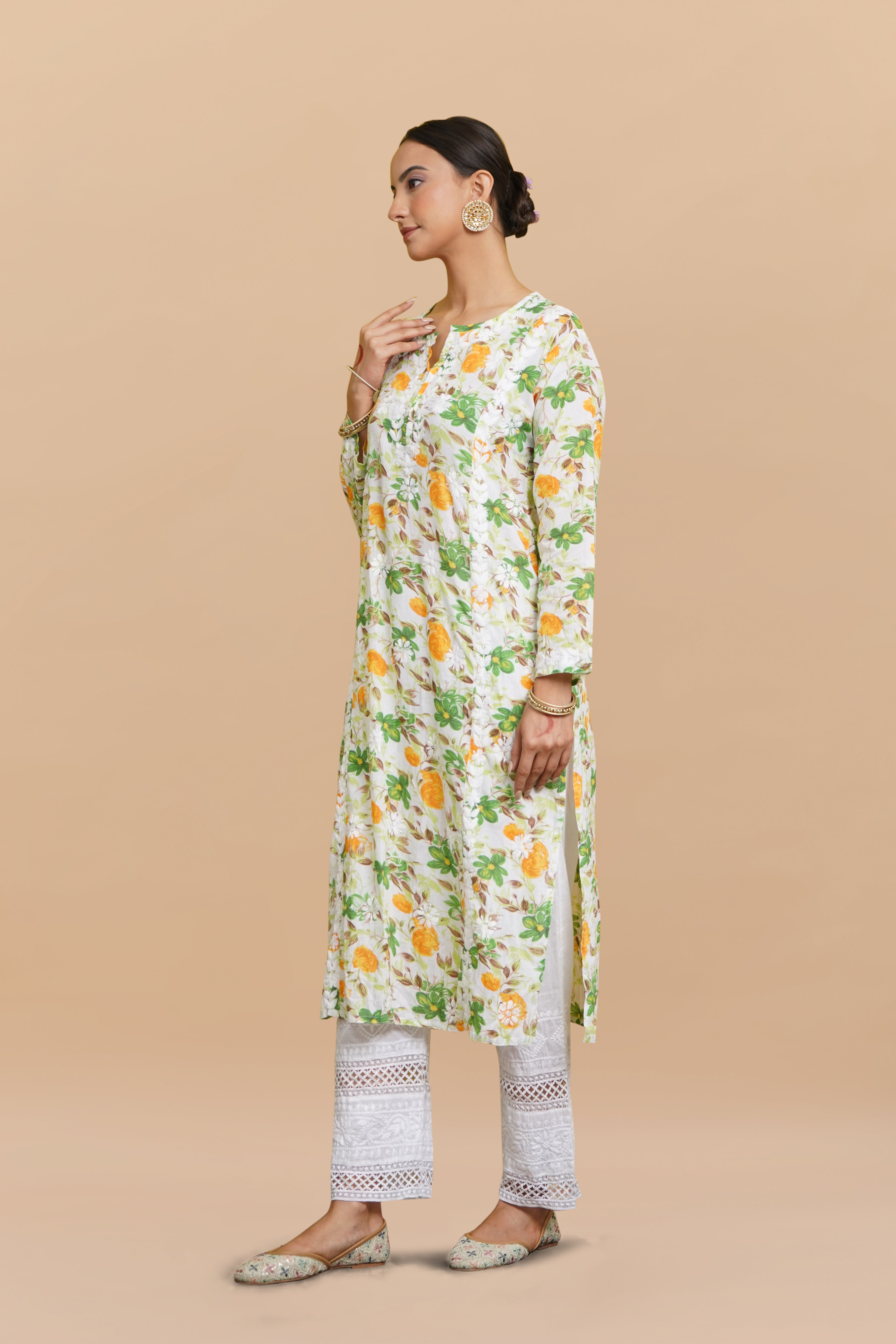 Saba Chikankari Kurta in Mul cotton in Green Floral