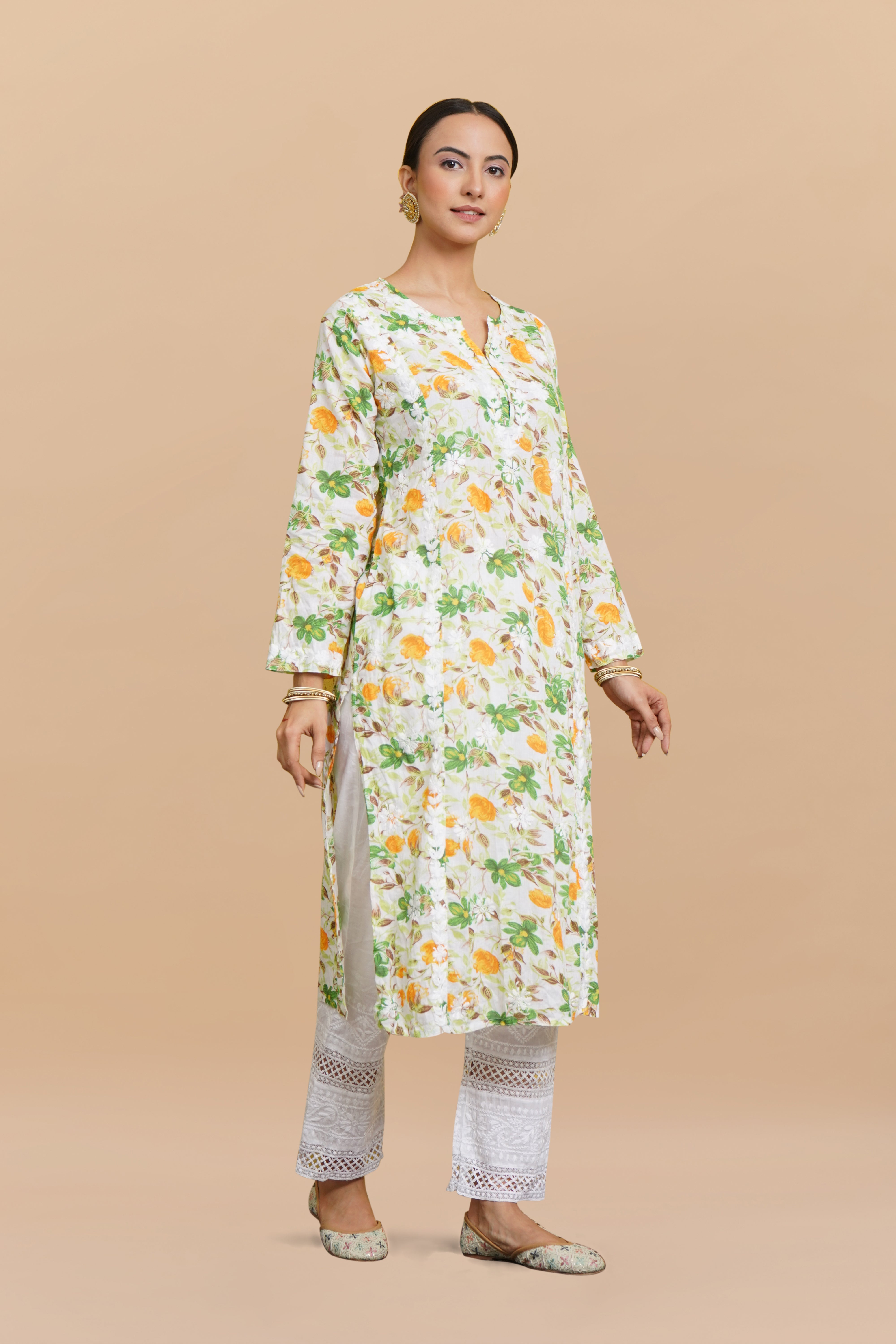 Saba Chikankari Kurta in Mul cotton in Green Floral